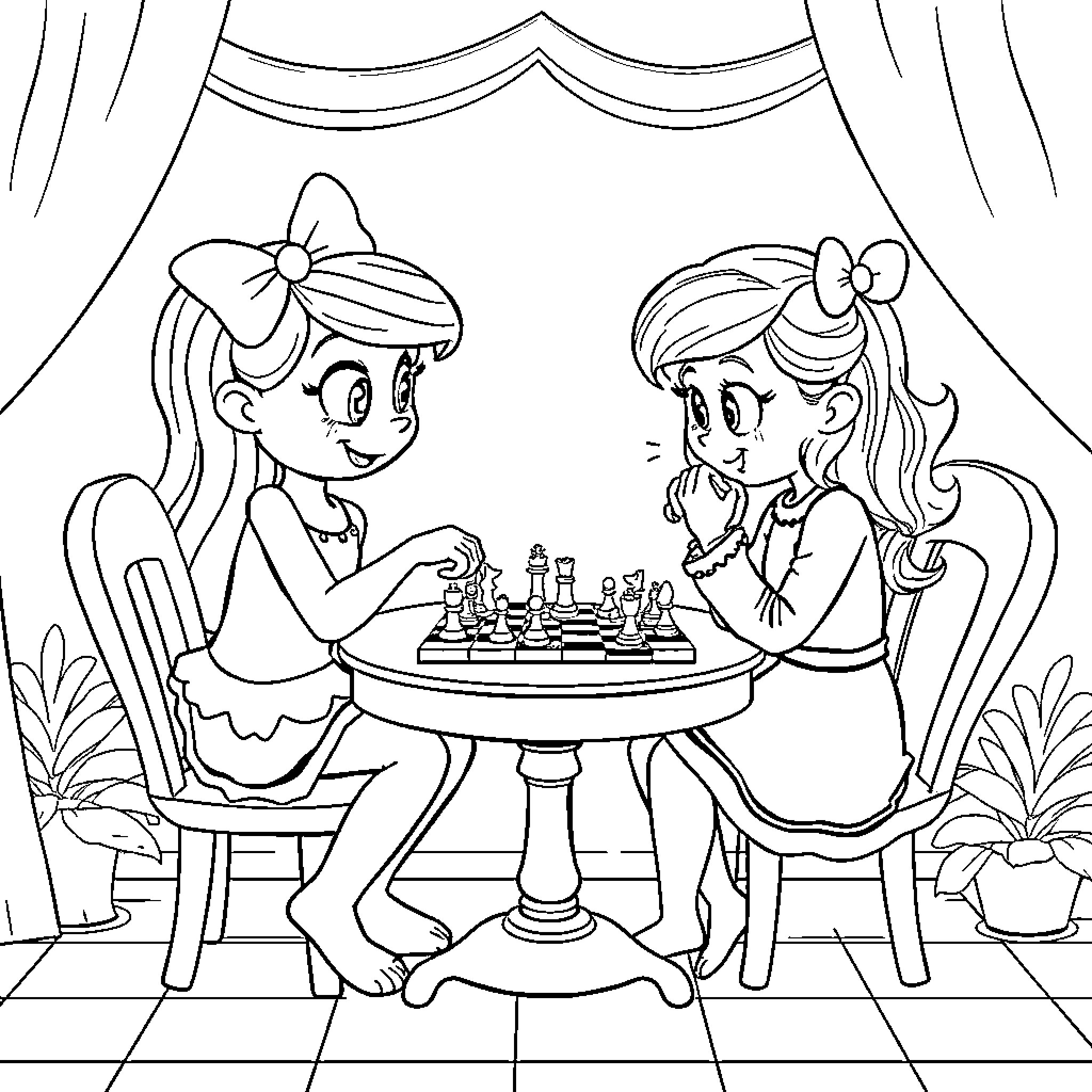 Bluey friends playing chess together Coloring Page (free black-and-white line drawing printable PDF for all, from beginners to advanced learners, including children, teens, adults, and seniors)