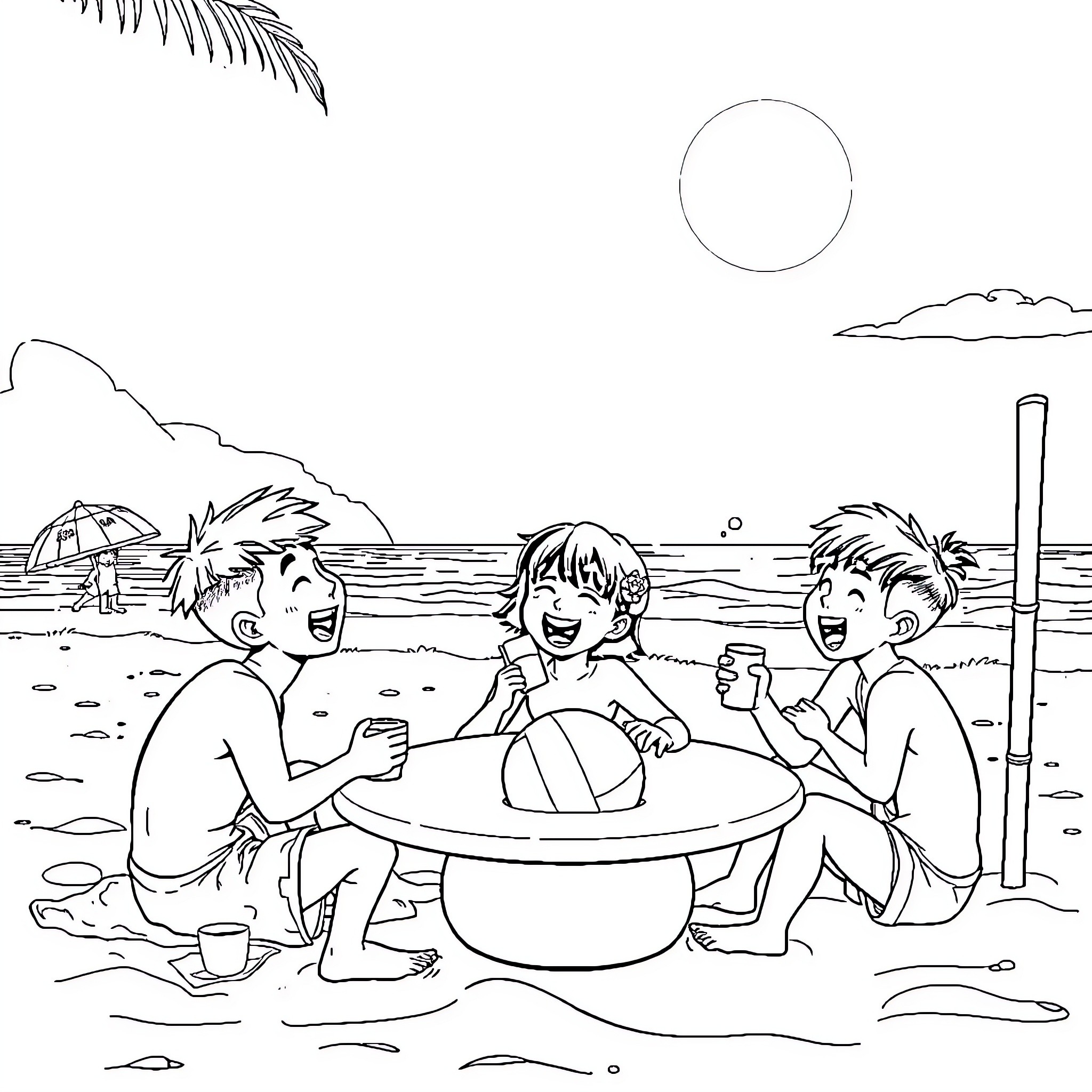 Tung Tung Enjoying Summer Fun on the Beach Coloring Page (free black-and-white line drawing printable PDF for all, from beginners to advanced learners, including children, teens, adults, and seniors)