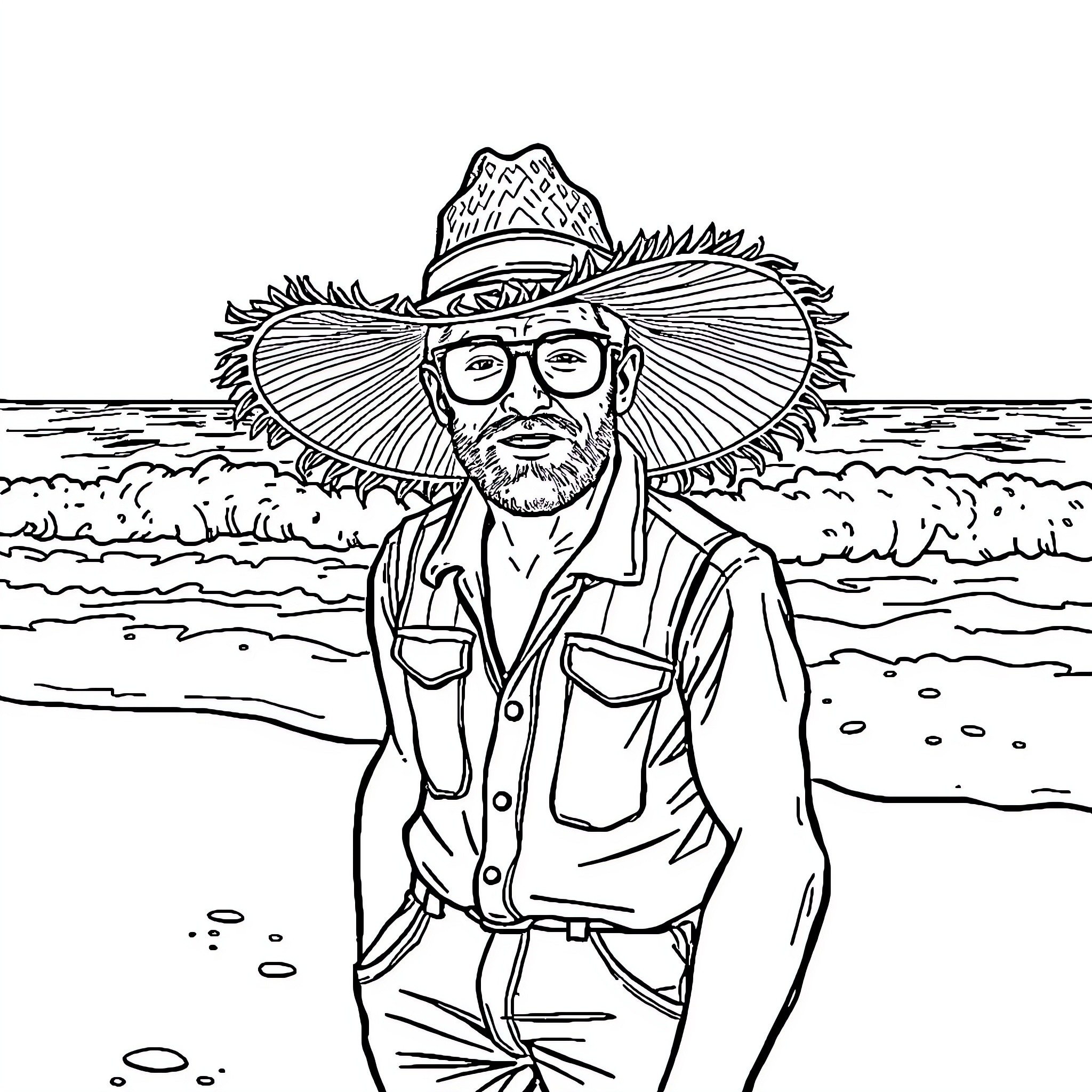 Guy in straw hat standing on beach Coloring Page (free black-and-white line drawing printable PDF for all, from beginners to advanced learners, including children, teens, adults, and seniors)