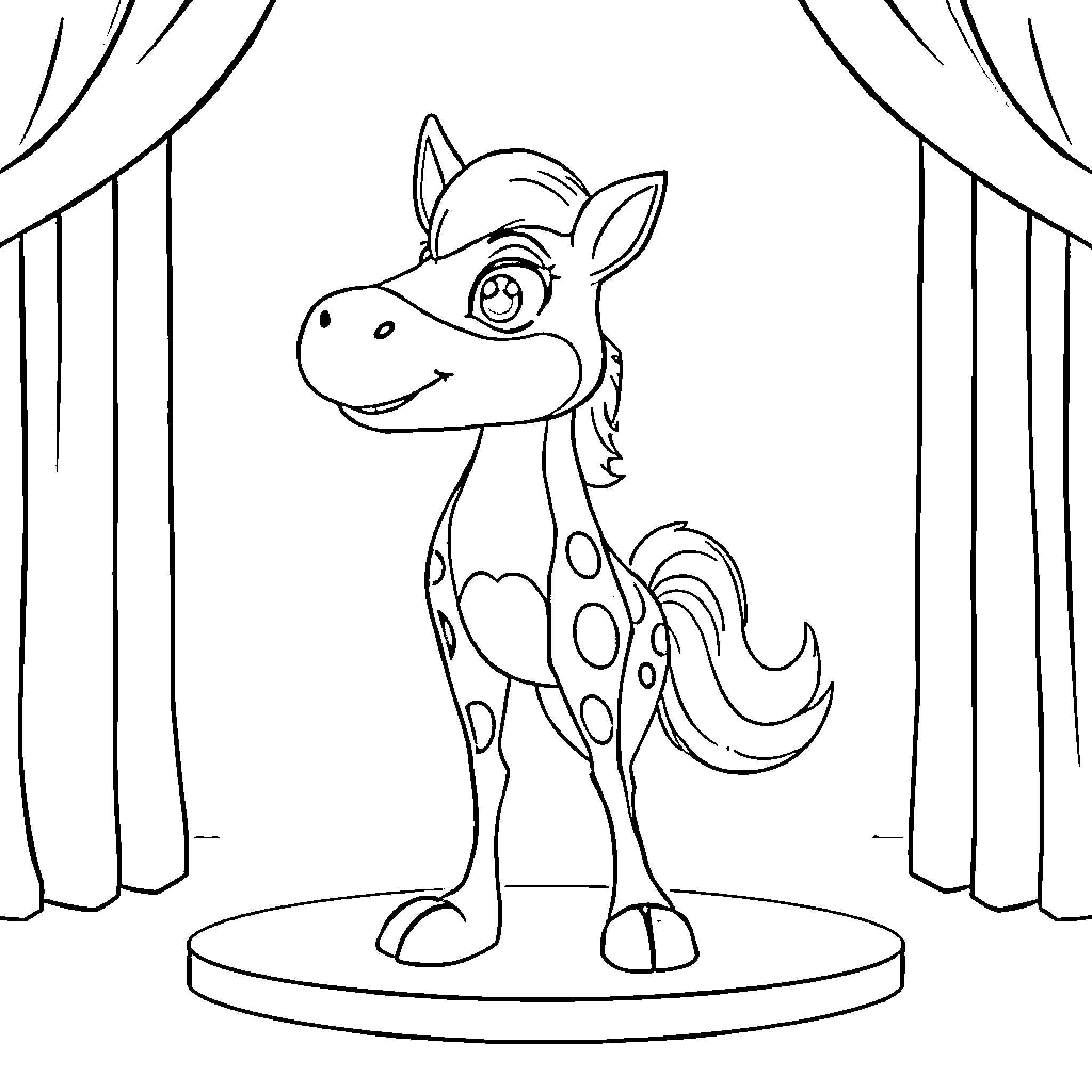 Huntrix's Spotted Pony on Stage Coloring Page (free black-and-white line drawing printable PDF for all, from beginners to advanced learners, including children, teens, adults, and seniors)