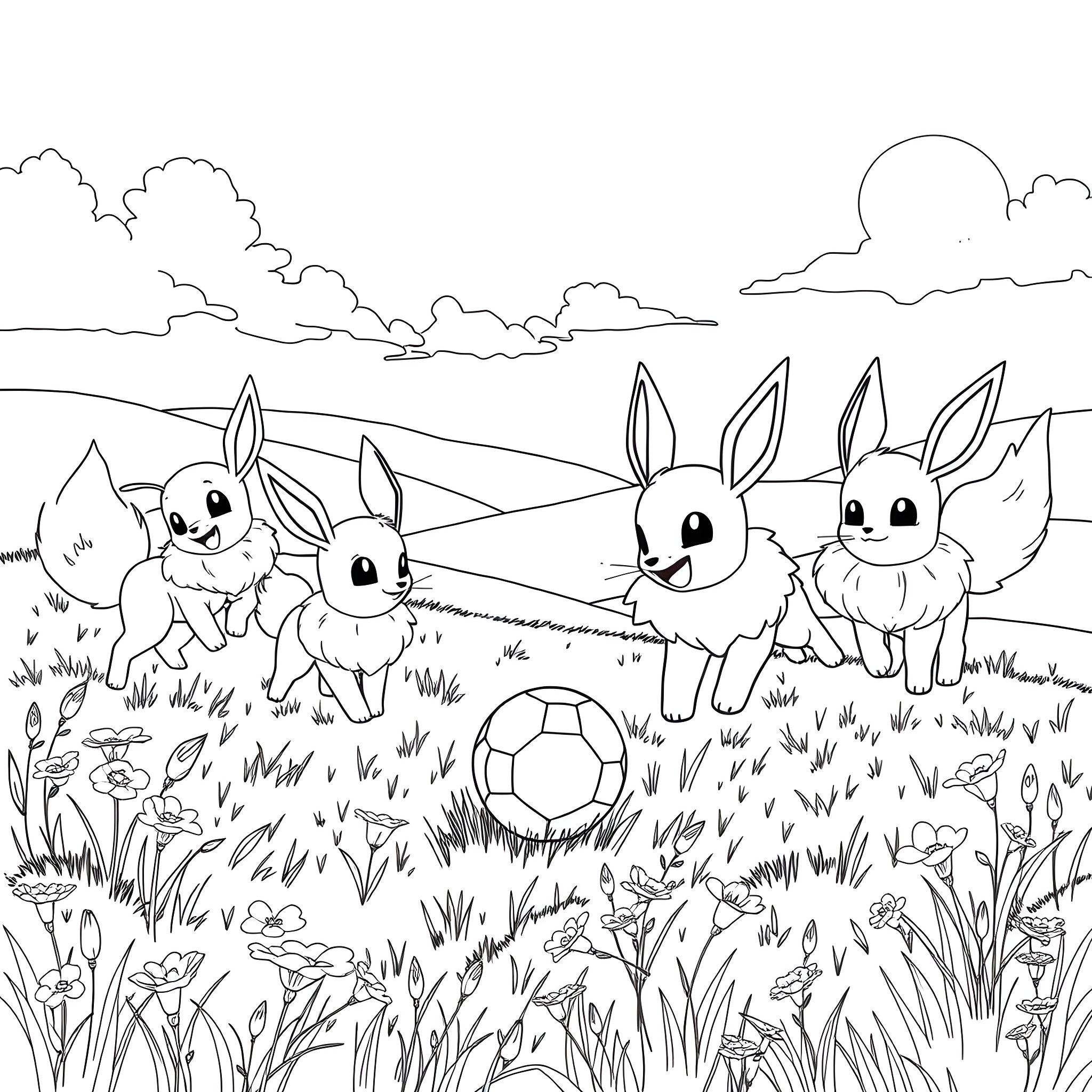 Eevee playing with friends in the meadow Coloring Page (free black-and-white line drawing printable PDF for all, from beginners to advanced learners, including children, teens, adults, and seniors)