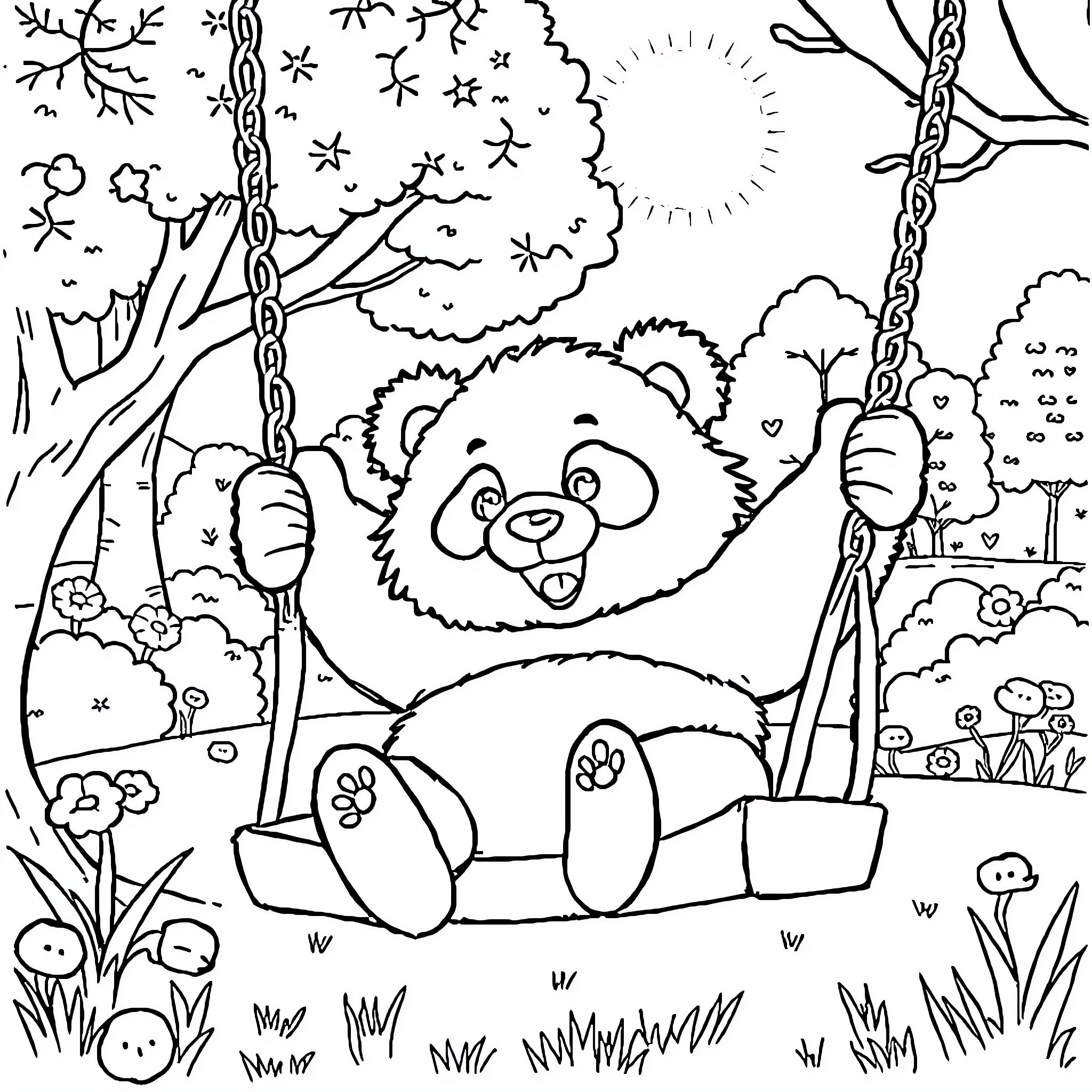 Panda playing happily on the swing in nature Coloring Page (free black-and-white line drawing printable PDF for all, from beginners to advanced learners, including children, teens, adults, and seniors)