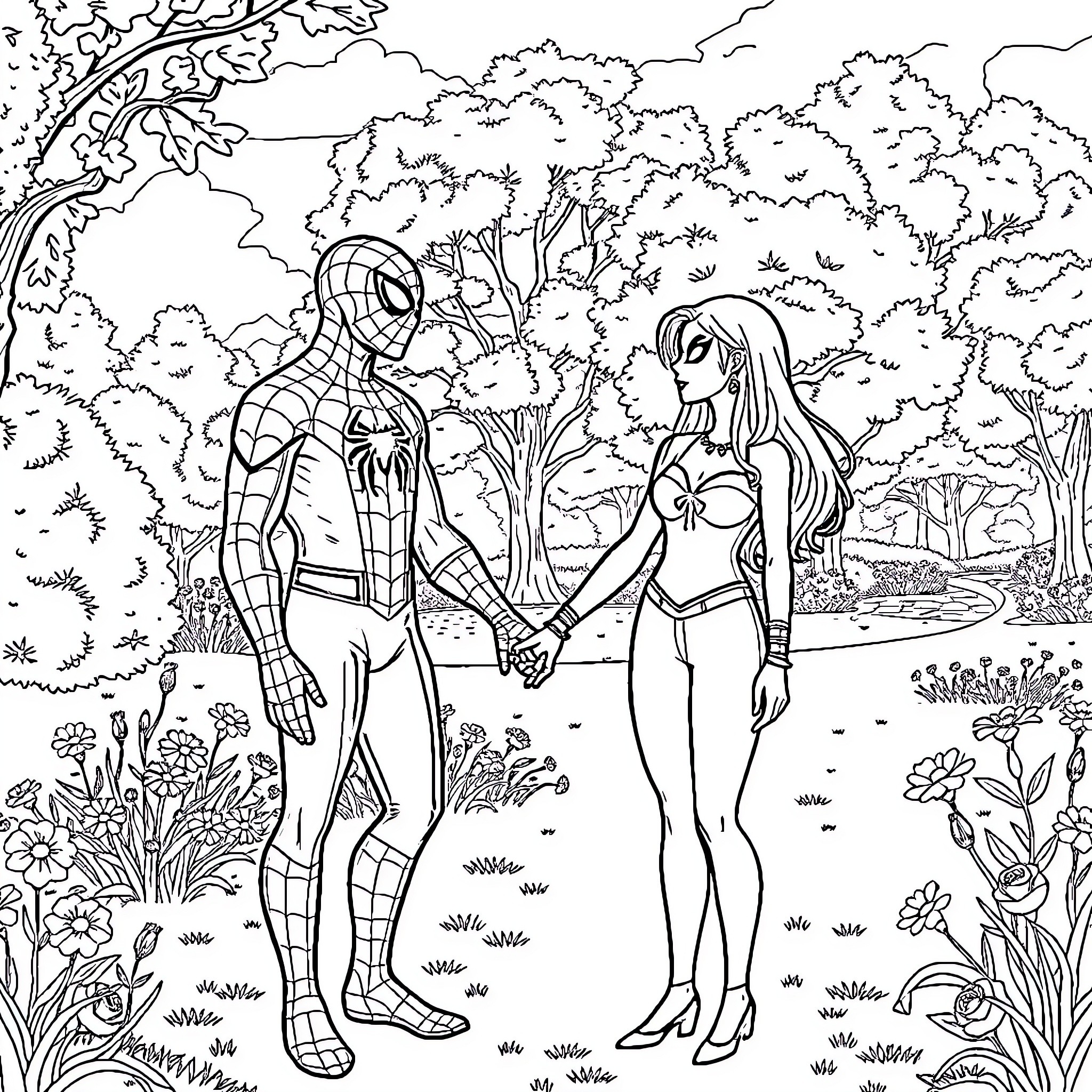 Spiderman and heroine hold hands in flower-filled forest Coloring Page (free black-and-white line drawing printable PDF for all, from beginners to advanced learners, including children, teens, adults, and seniors)
