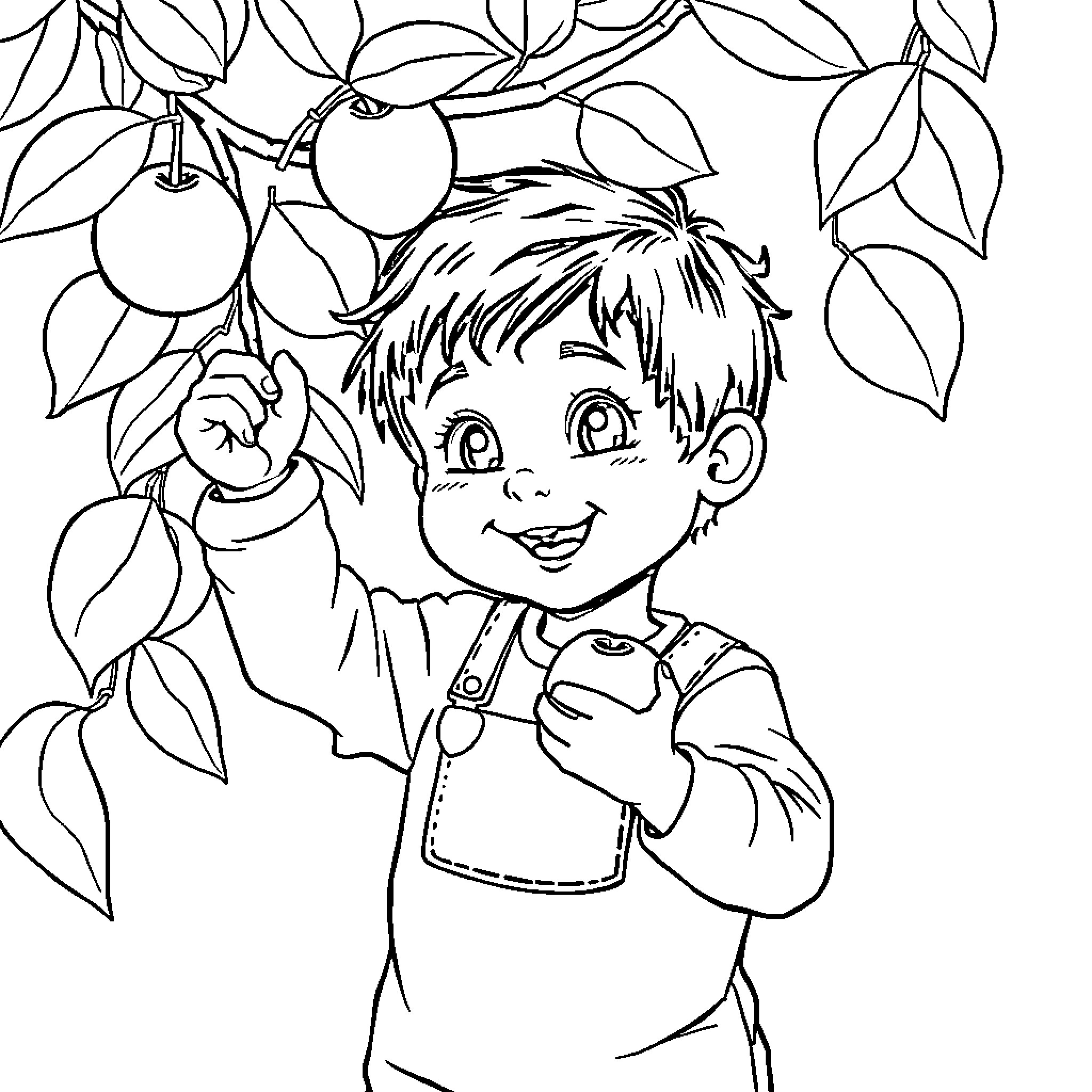Niño picking apples from a tree Coloring Page (free black-and-white line drawing printable PDF for all, from beginners to advanced learners, including children, teens, adults, and seniors)