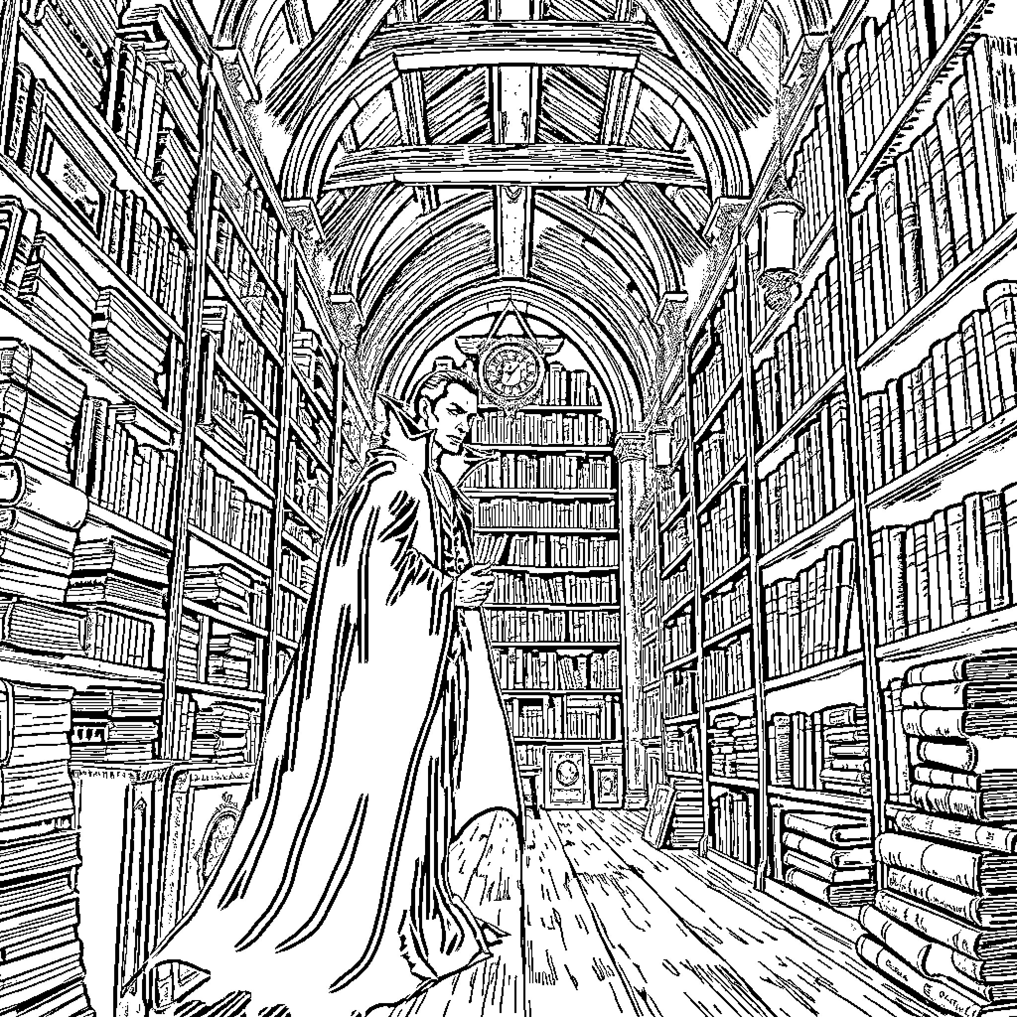 Vampire Explores Mysterious Library Coloring Page (free black-and-white line drawing printable PDF for all, from beginners to advanced learners, including children, teens, adults, and seniors)