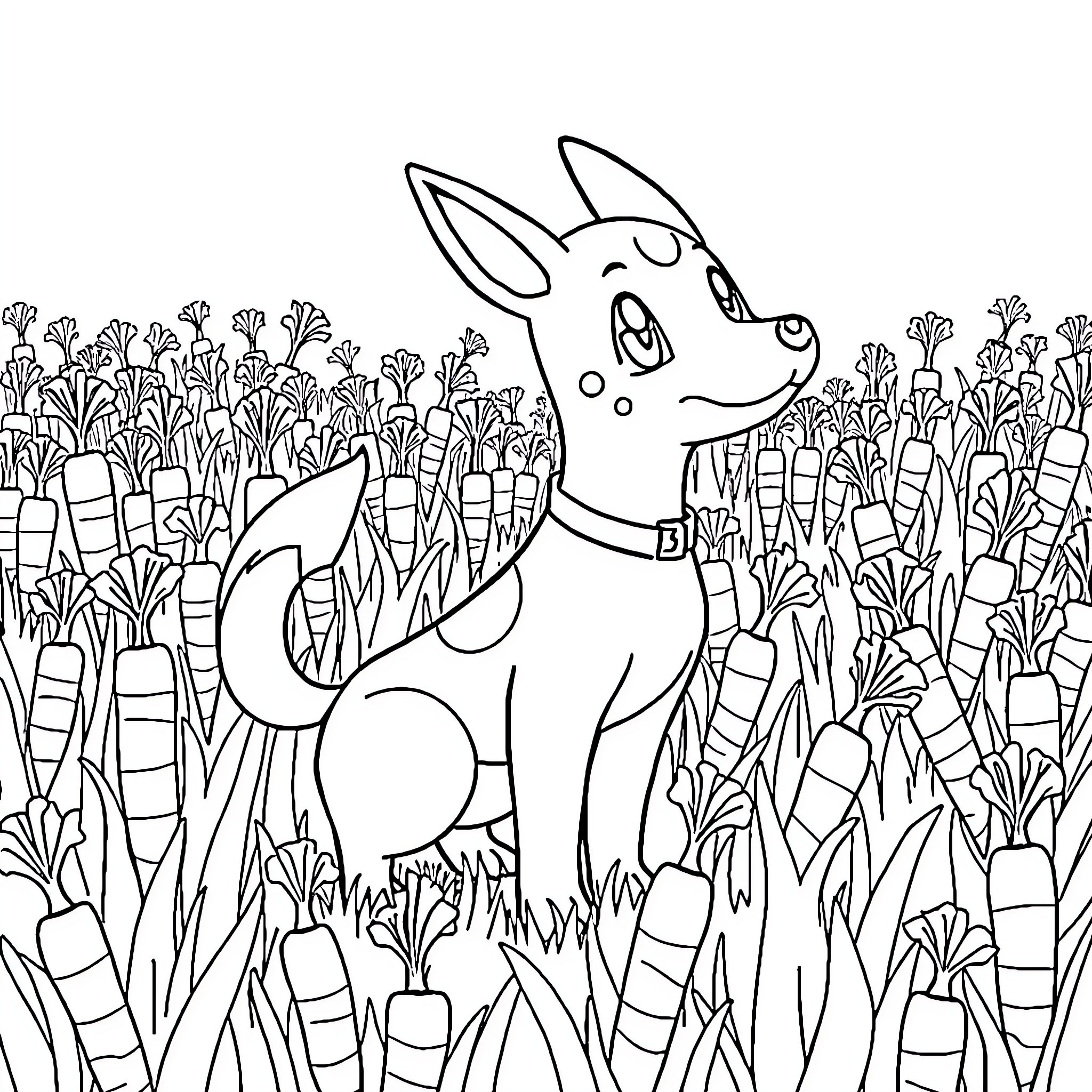 Dogleg in a Field of Carrots Coloring Page (free black-and-white line drawing printable PDF for all, from beginners to advanced learners, including children, teens, adults, and seniors)