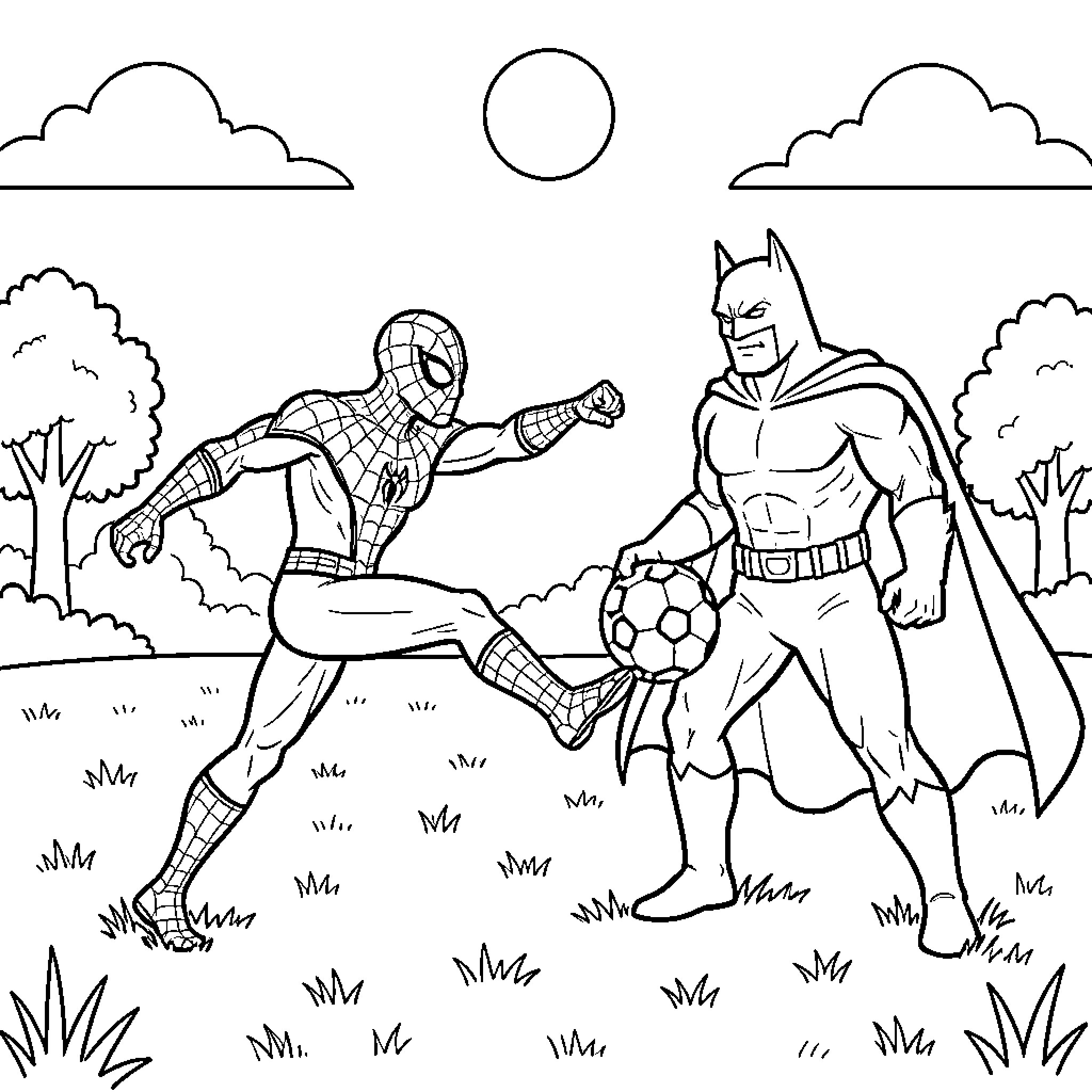Spiderman playing soccer with Batman in a park Coloring Page (free black-and-white line drawing printable PDF for all, from beginners to advanced learners, including children, teens, adults, and seniors)