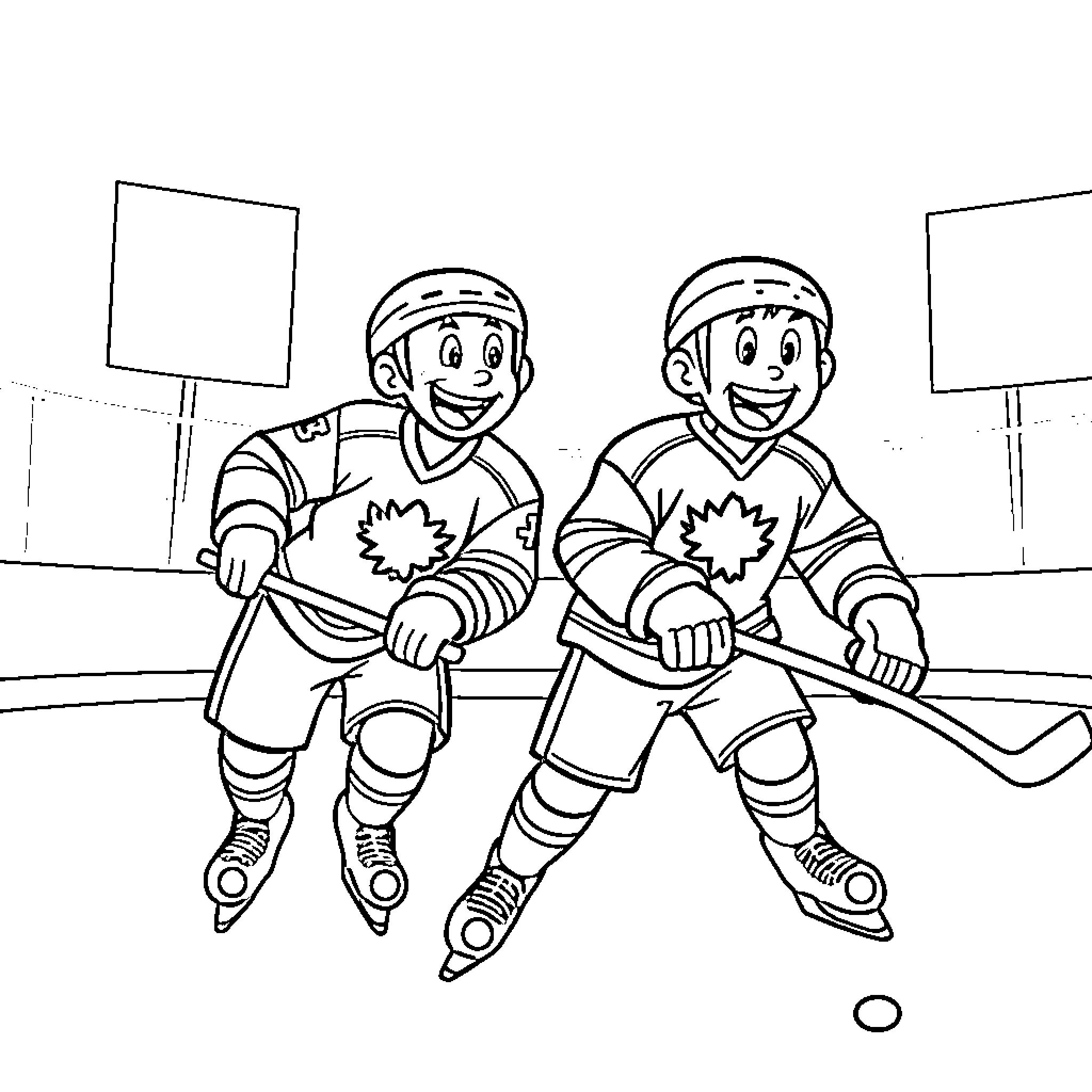 Bluey and friends playing hockey on the ice rink Coloring Page (free black-and-white line drawing printable PDF for all, from beginners to advanced learners, including children, teens, adults, and seniors)