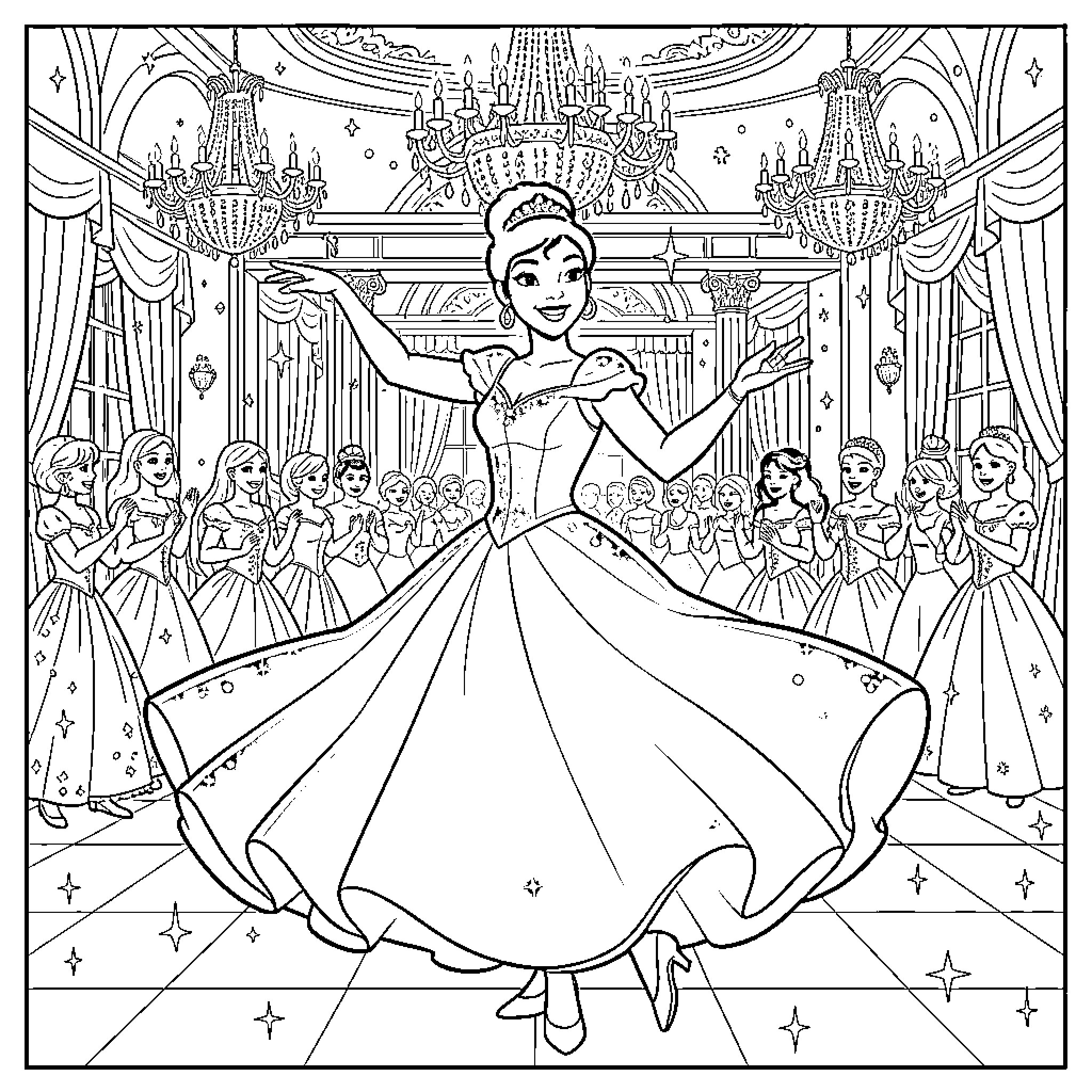 Princess Tiana dancing in a grand ballroom Coloring Page (free black-and-white line drawing printable PDF for all, from beginners to advanced learners, including children, teens, adults, and seniors)