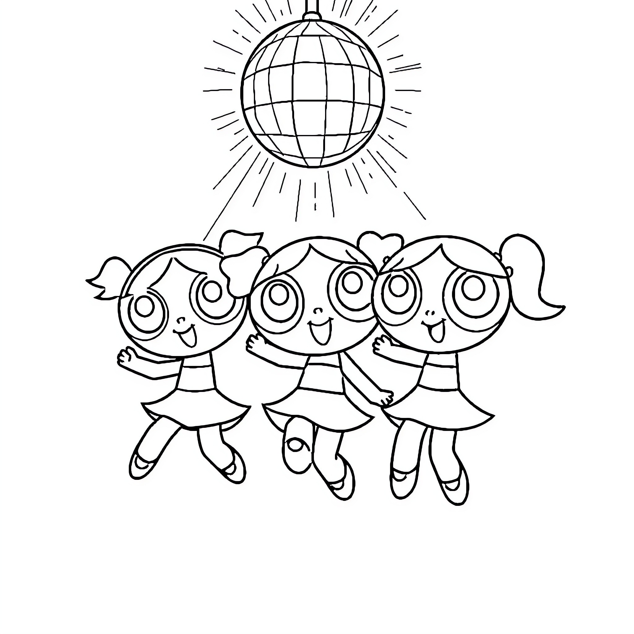 Powerpuff Girls dancing under disco ball Coloring Page (free black-and-white line drawing printable PDF for all, from beginners to advanced learners, including children, teens, adults, and seniors)