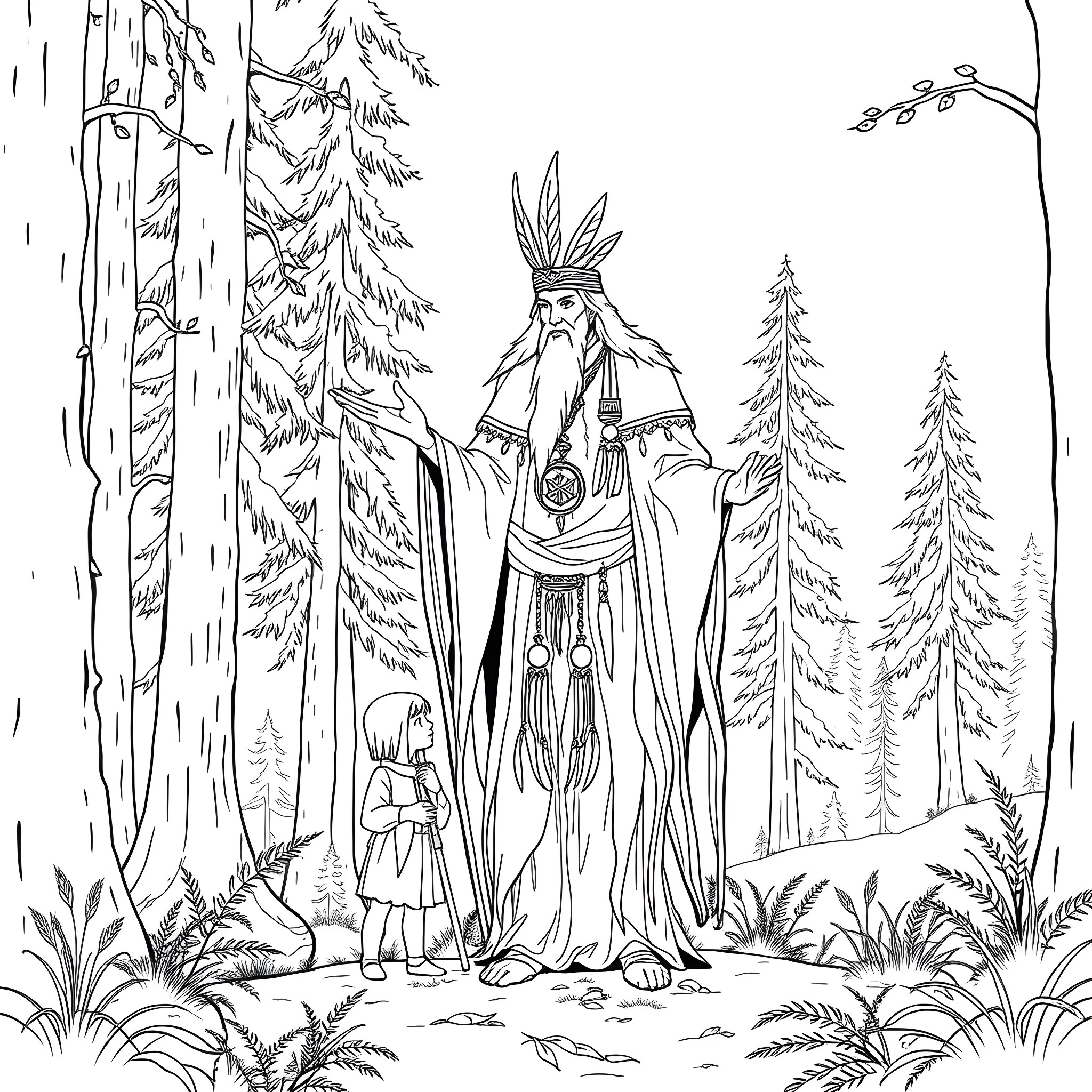 Great Spirit Guiding the Child in the Forest Coloring Page (free black-and-white line drawing printable PDF for all, from beginners to advanced learners, including children, teens, adults, and seniors)