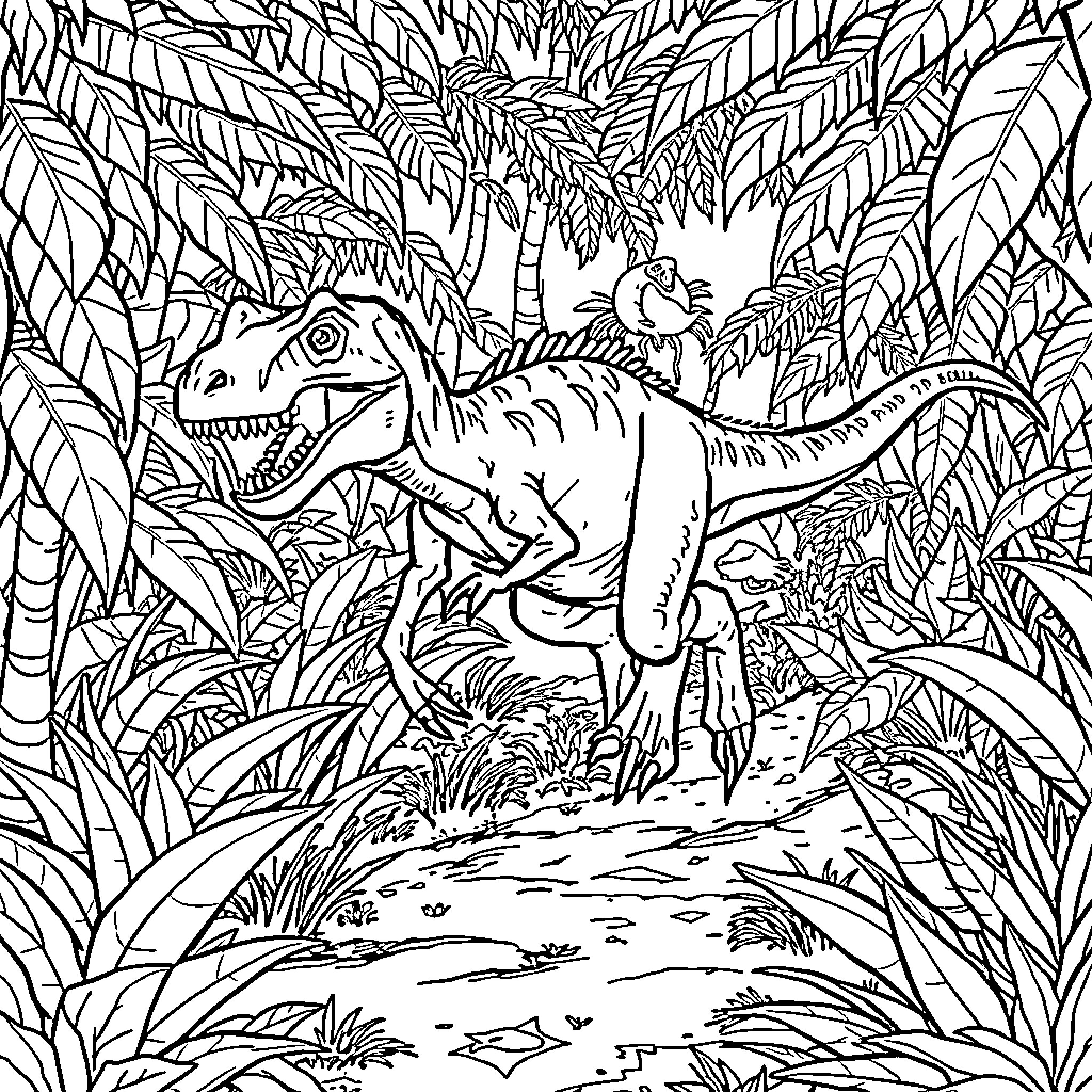 Velociraptor exploring the lush prehistoric jungle Coloring Page (free black-and-white line drawing printable PDF for all, from beginners to advanced learners, including children, teens, adults, and seniors)