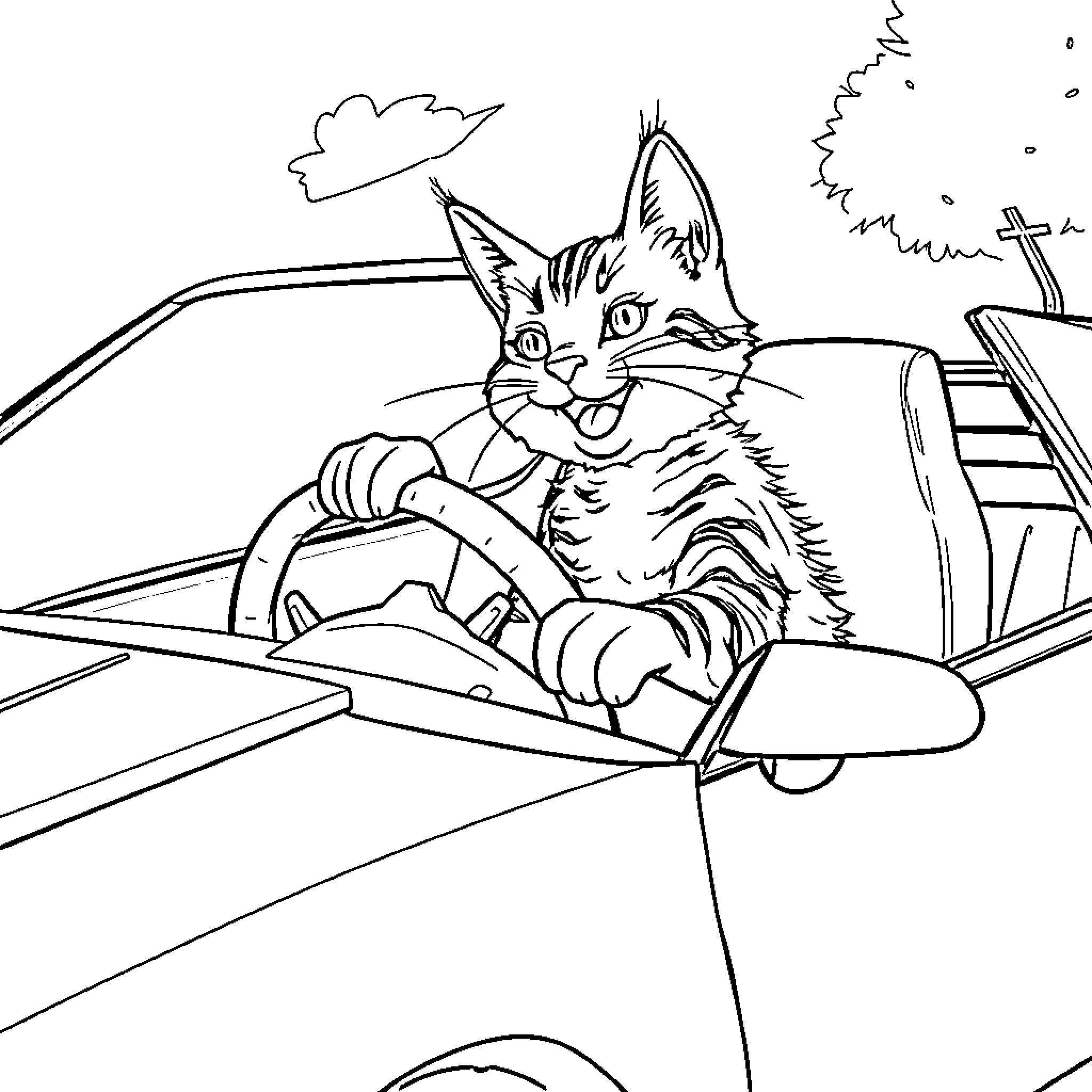 Tabby Cat Piloting Plane in the Sky Coloring Page (free black-and-white line drawing printable PDF for all, from beginners to advanced learners, including children, teens, adults, and seniors)