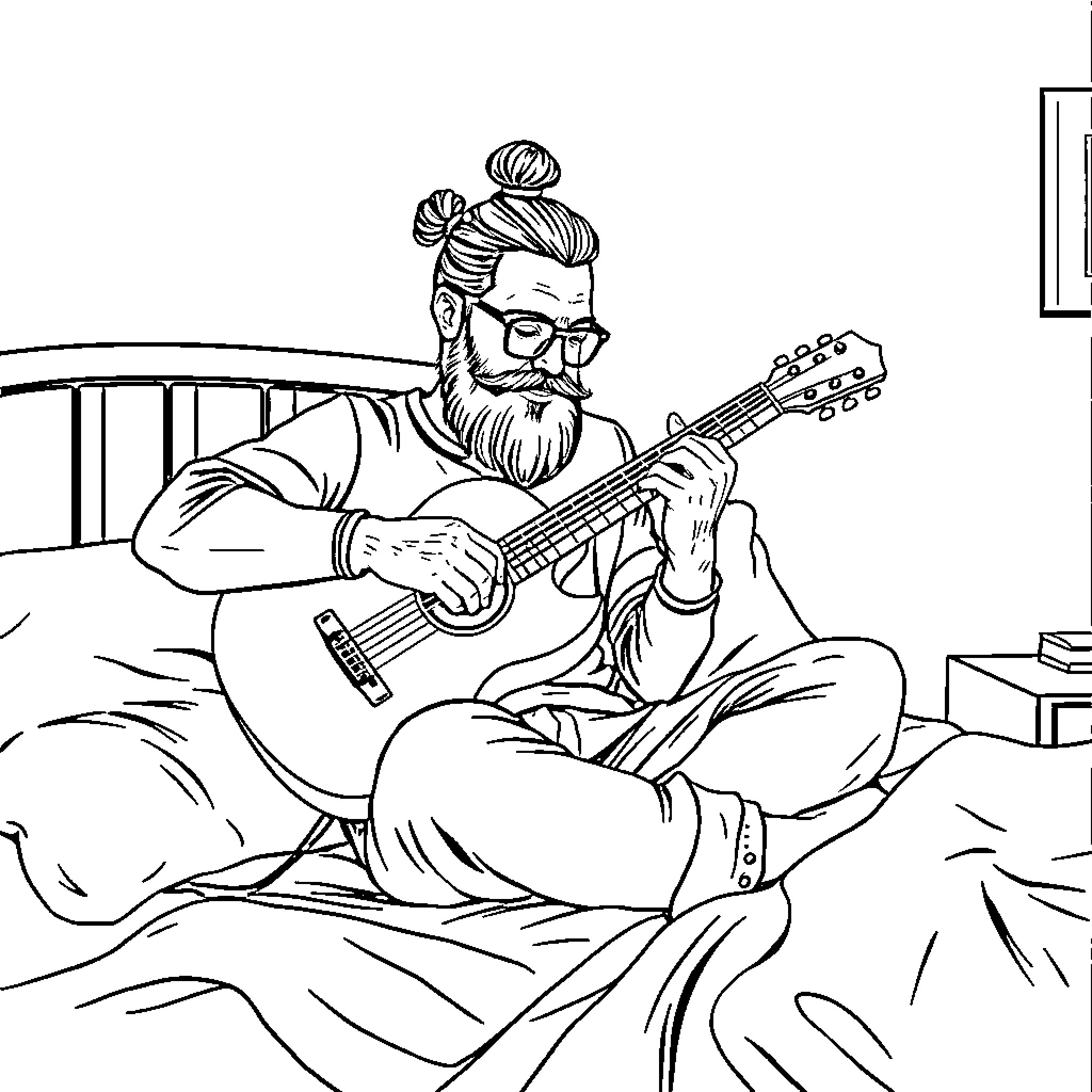 Man playing guitar on bed Coloring Page (free black-and-white line drawing printable PDF for all, from beginners to advanced learners, including children, teens, adults, and seniors)