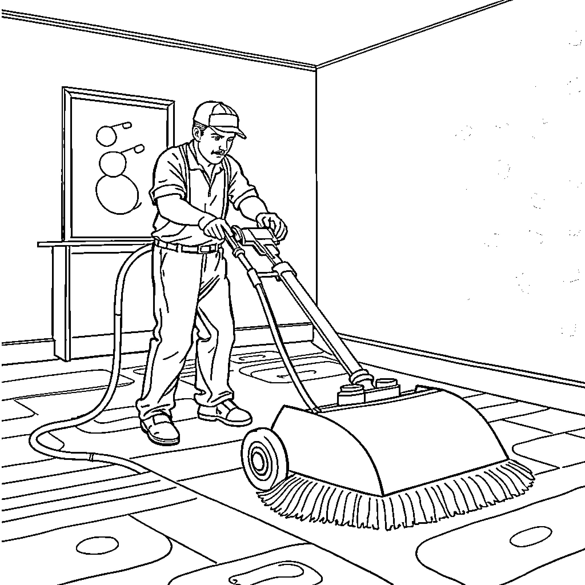 Carpet Cleaner Diligently Vacuuming the Room Coloring Page (free black-and-white line drawing printable PDF for all, from beginners to advanced learners, including children, teens, adults, and seniors)
