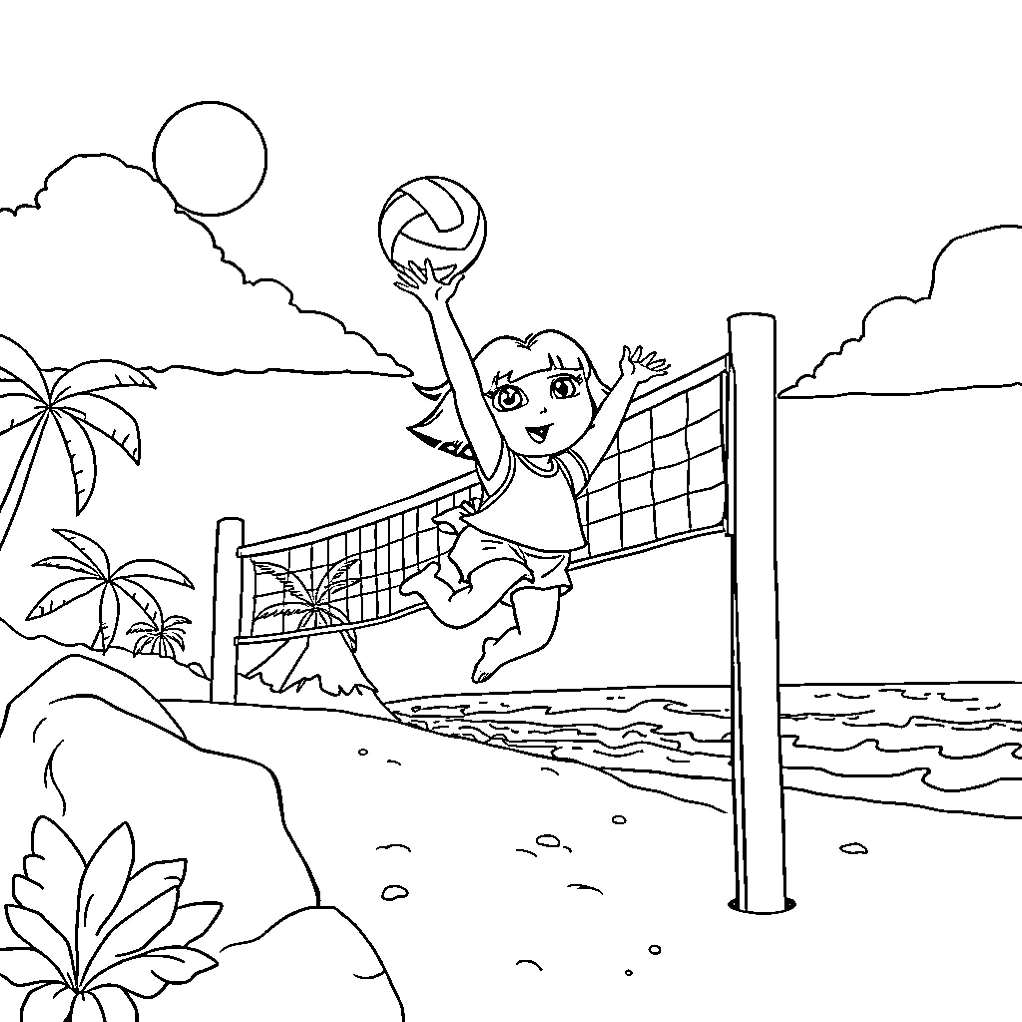 Dora playing beach volleyball on sunny day Coloring Page (free black-and-white line drawing printable PDF for all, from beginners to advanced learners, including children, teens, adults, and seniors)