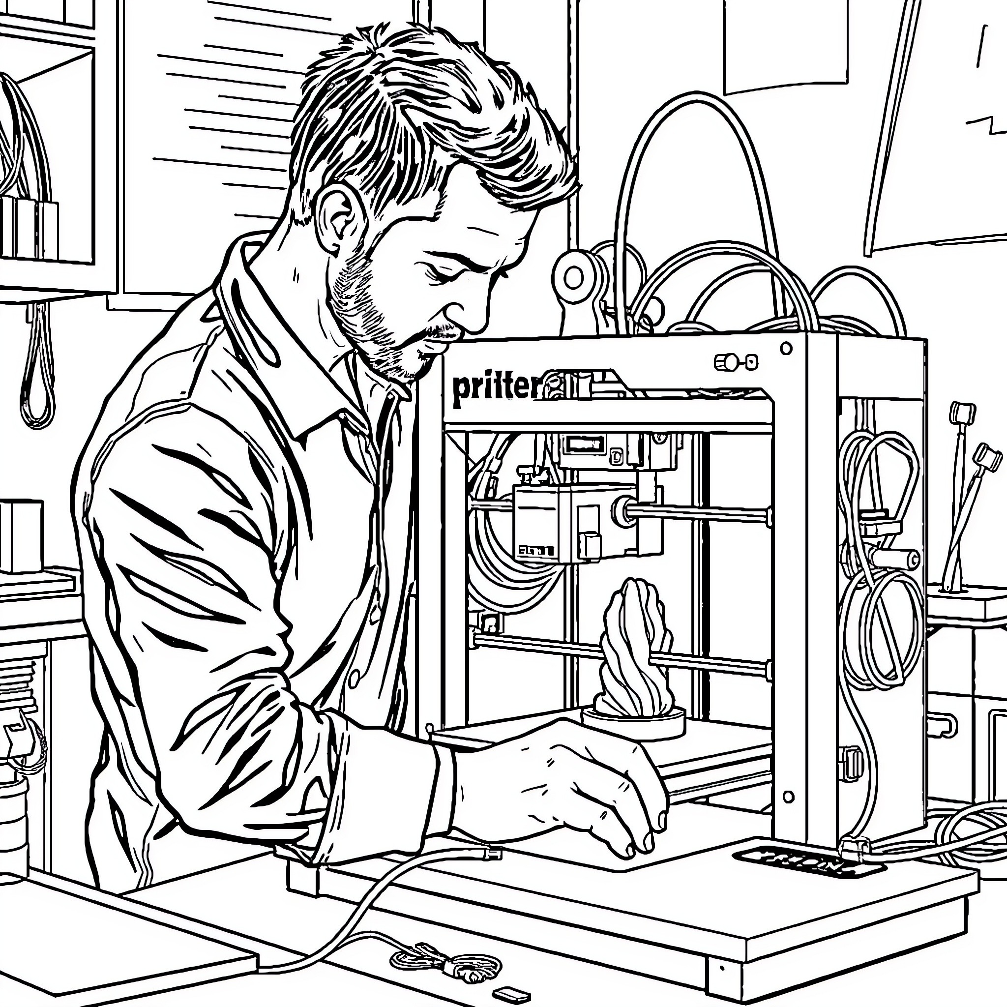 Man operating 3D printer in workshop Coloring Page (free black-and-white line drawing printable PDF for all, from beginners to advanced learners, including children, teens, adults, and seniors)