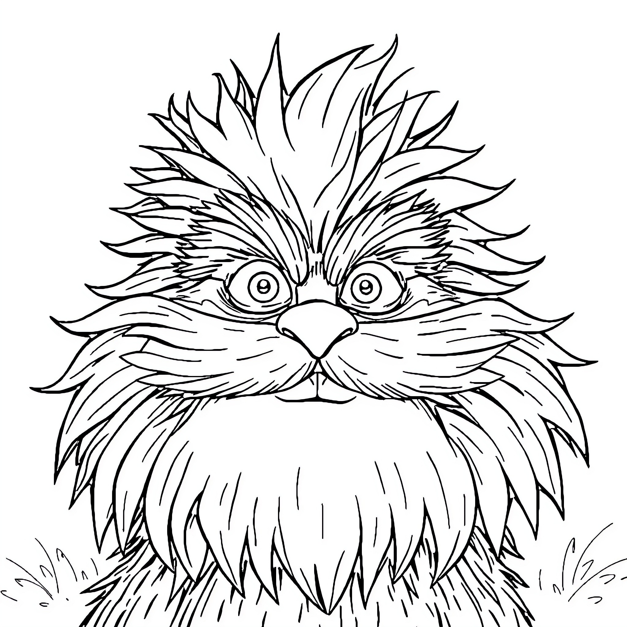 Lorax character with exaggerated facial features Coloring Page (free black-and-white line drawing printable PDF for all, from beginners to advanced learners, including children, teens, adults, and seniors)
