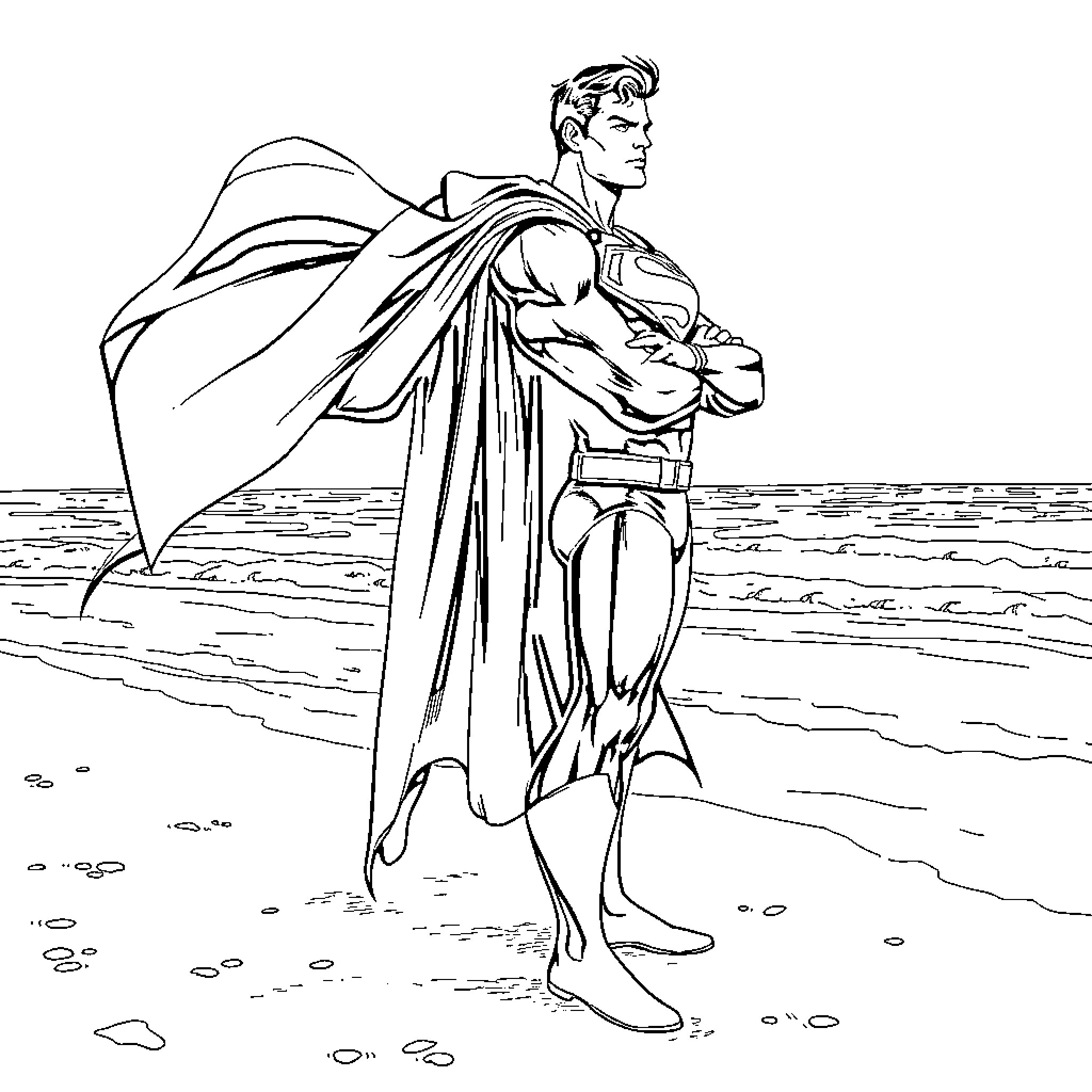 Superman standing heroically on the beach Coloring Page (free black-and-white line drawing printable PDF for all, from beginners to advanced learners, including children, teens, adults, and seniors)