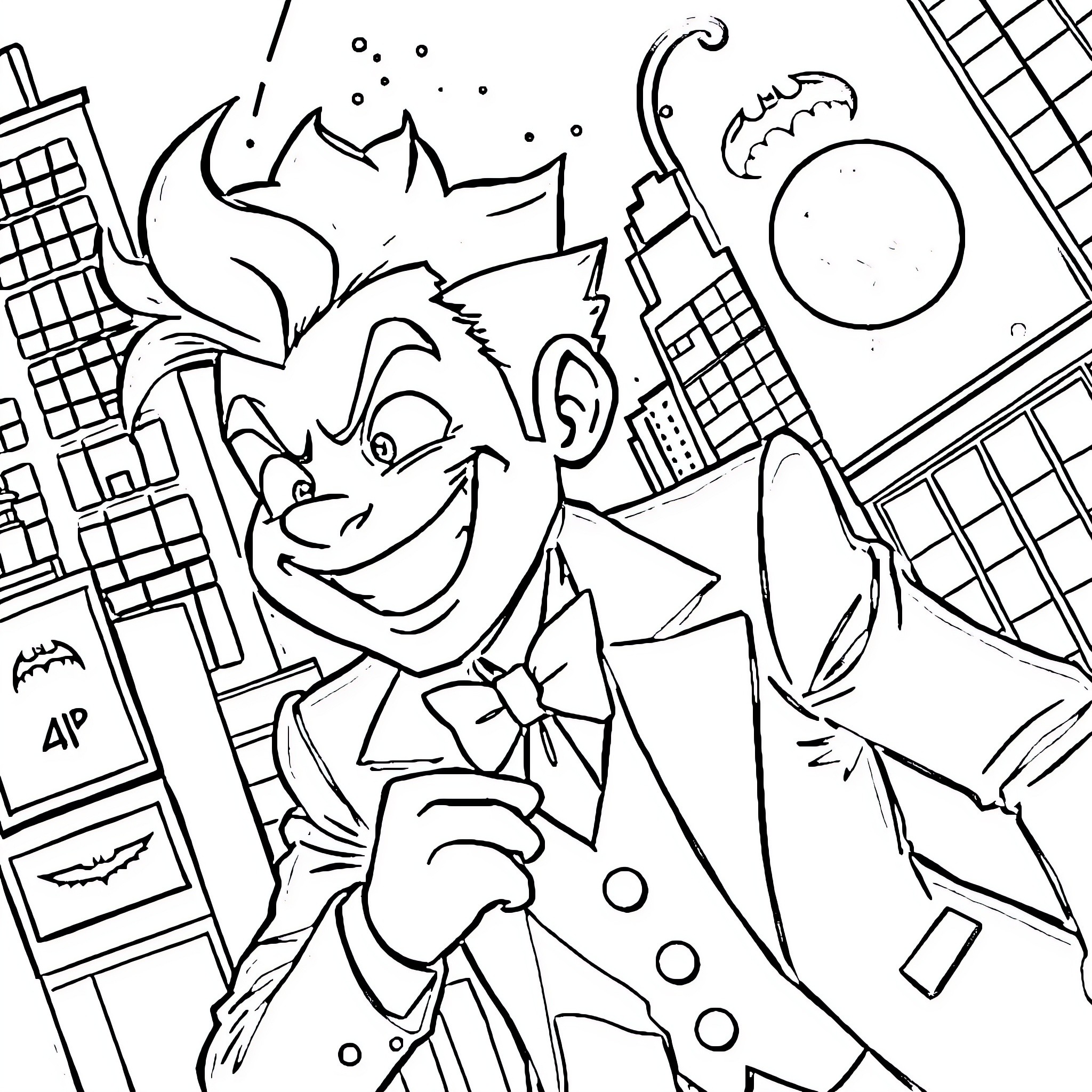 Joker's Mischievous Antics in the City Coloring Page (free black-and-white line drawing printable PDF for all, from beginners to advanced learners, including children, teens, adults, and seniors)