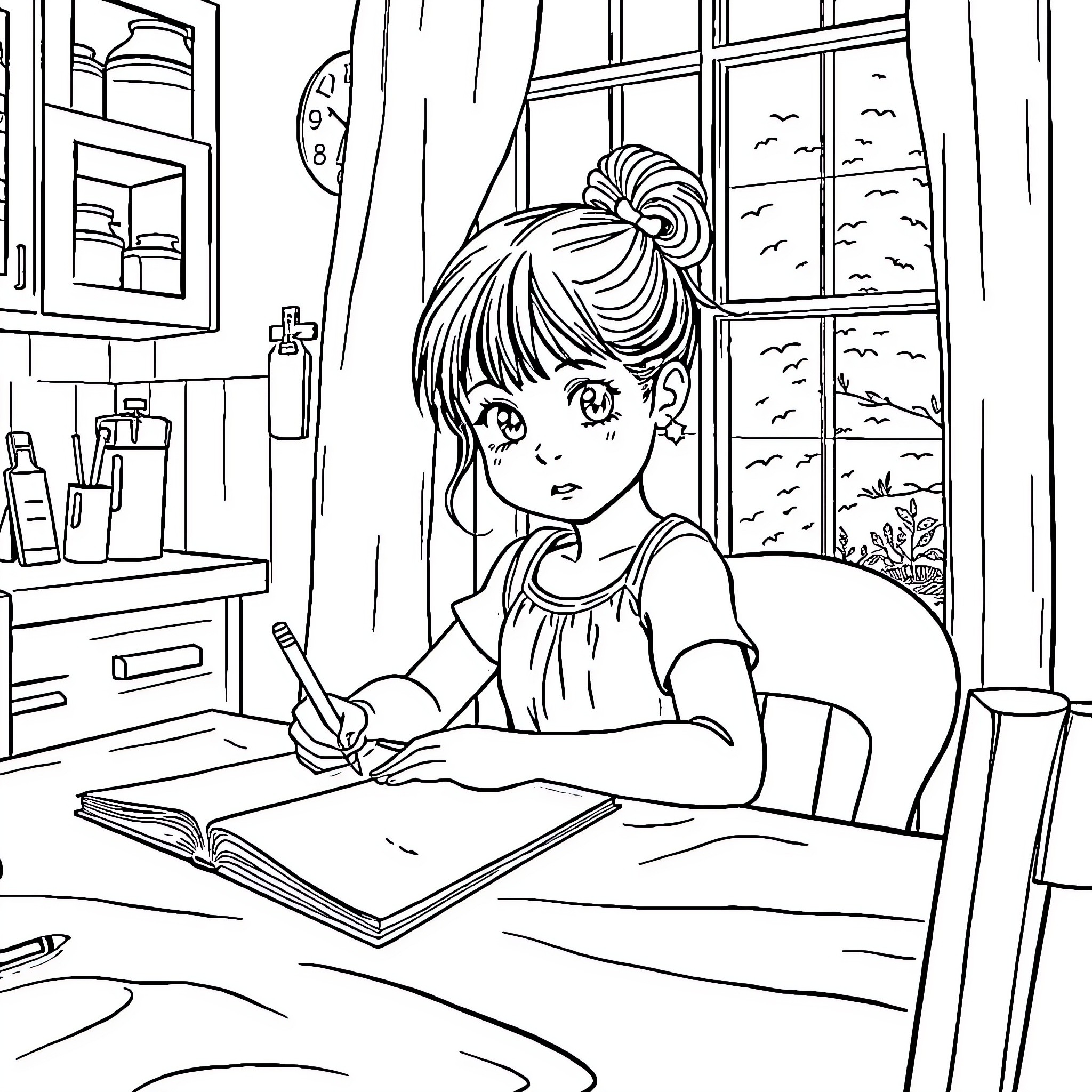 Girl studying diligently in her bedroom Coloring Page (free black-and-white line drawing printable PDF for all, from beginners to advanced learners, including children, teens, adults, and seniors)