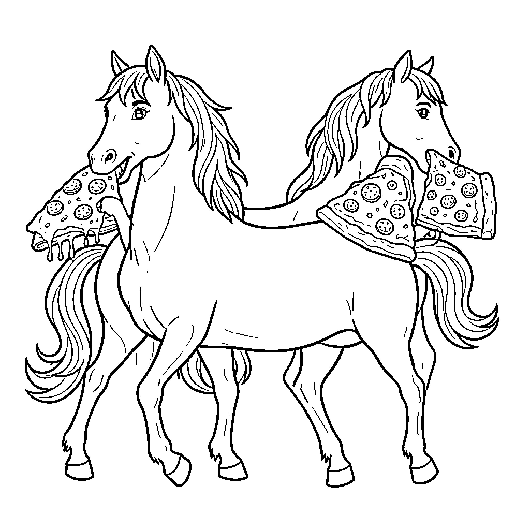 Horse enjoying large slices of pizza Coloring Page (free black-and-white line drawing printable PDF for all, from beginners to advanced learners, including children, teens, adults, and seniors)