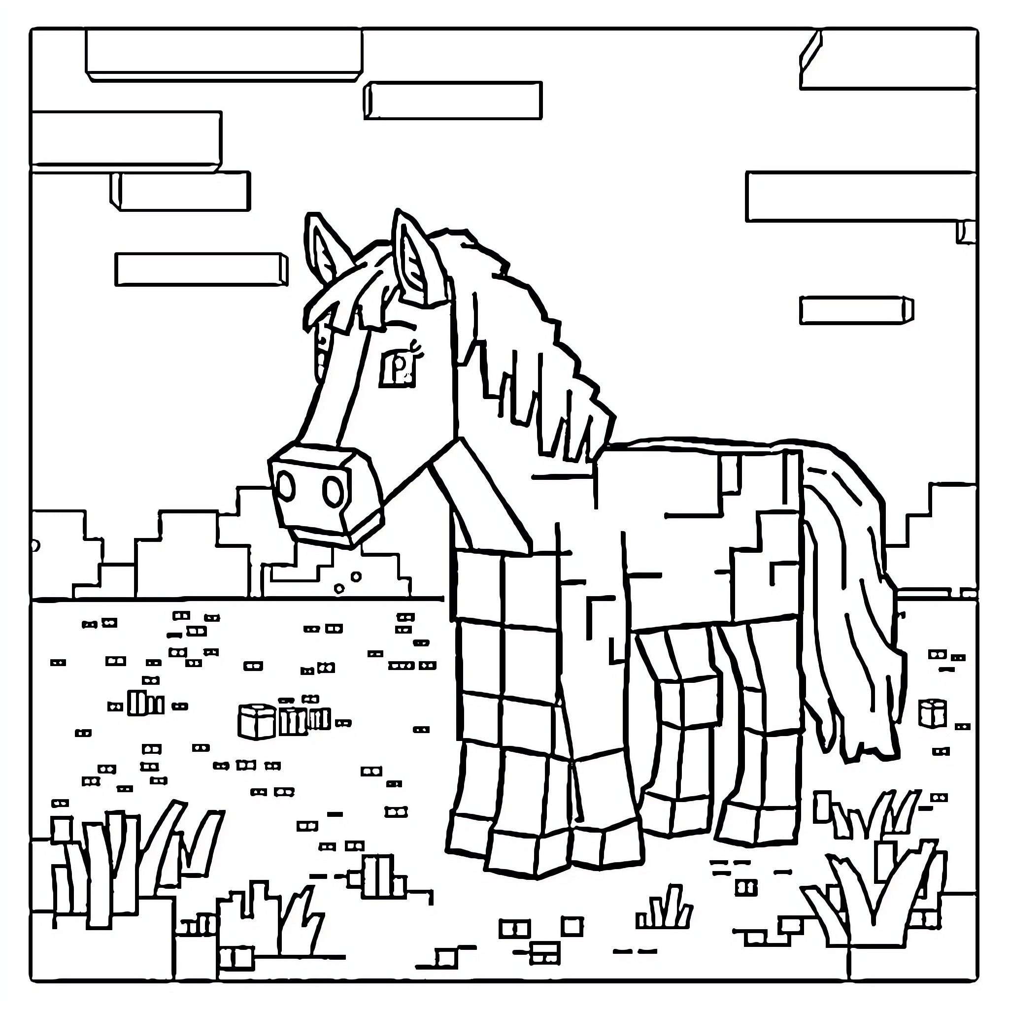 Horse in futuristic architectural landscape Coloring Page (free black-and-white line drawing printable PDF for all, from beginners to advanced learners, including children, teens, adults, and seniors)