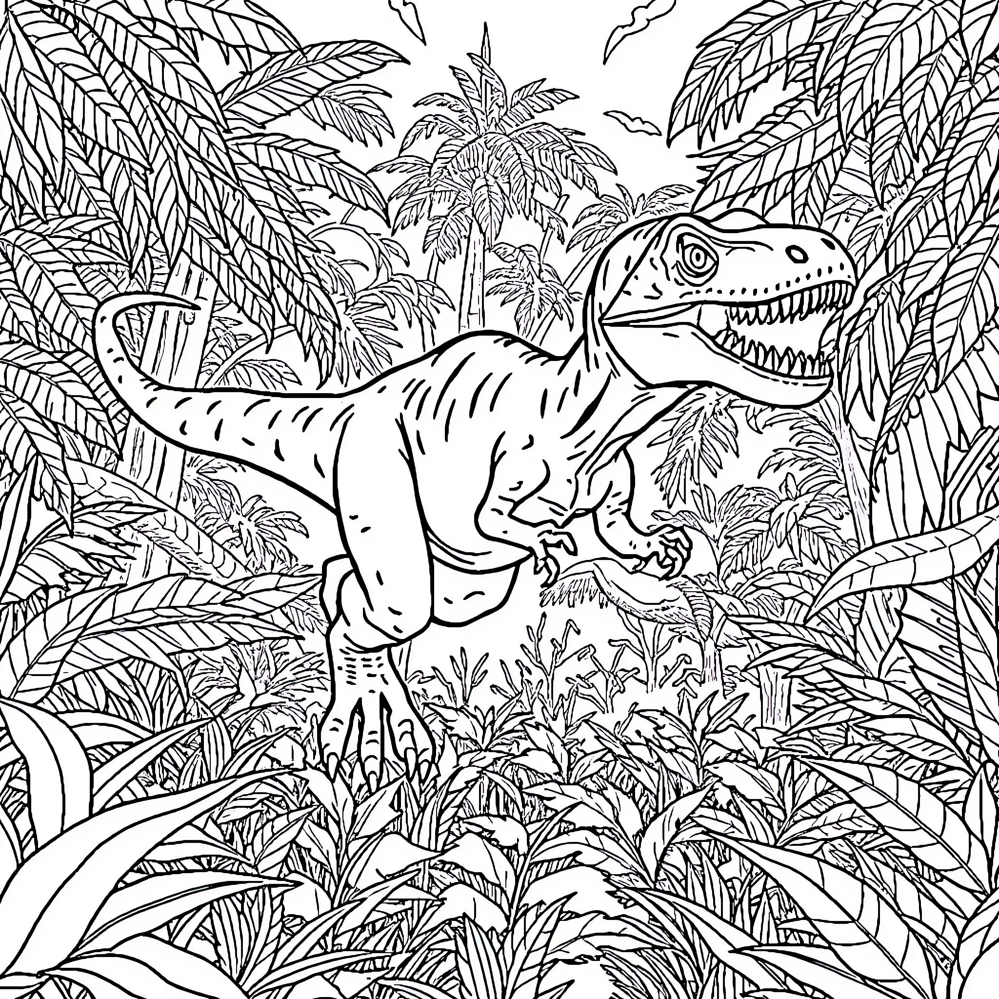 Velociraptor stalking through the lush jungle foliage Coloring Page (free black-and-white line drawing printable PDF for all, from beginners to advanced learners, including children, teens, adults, and seniors)
