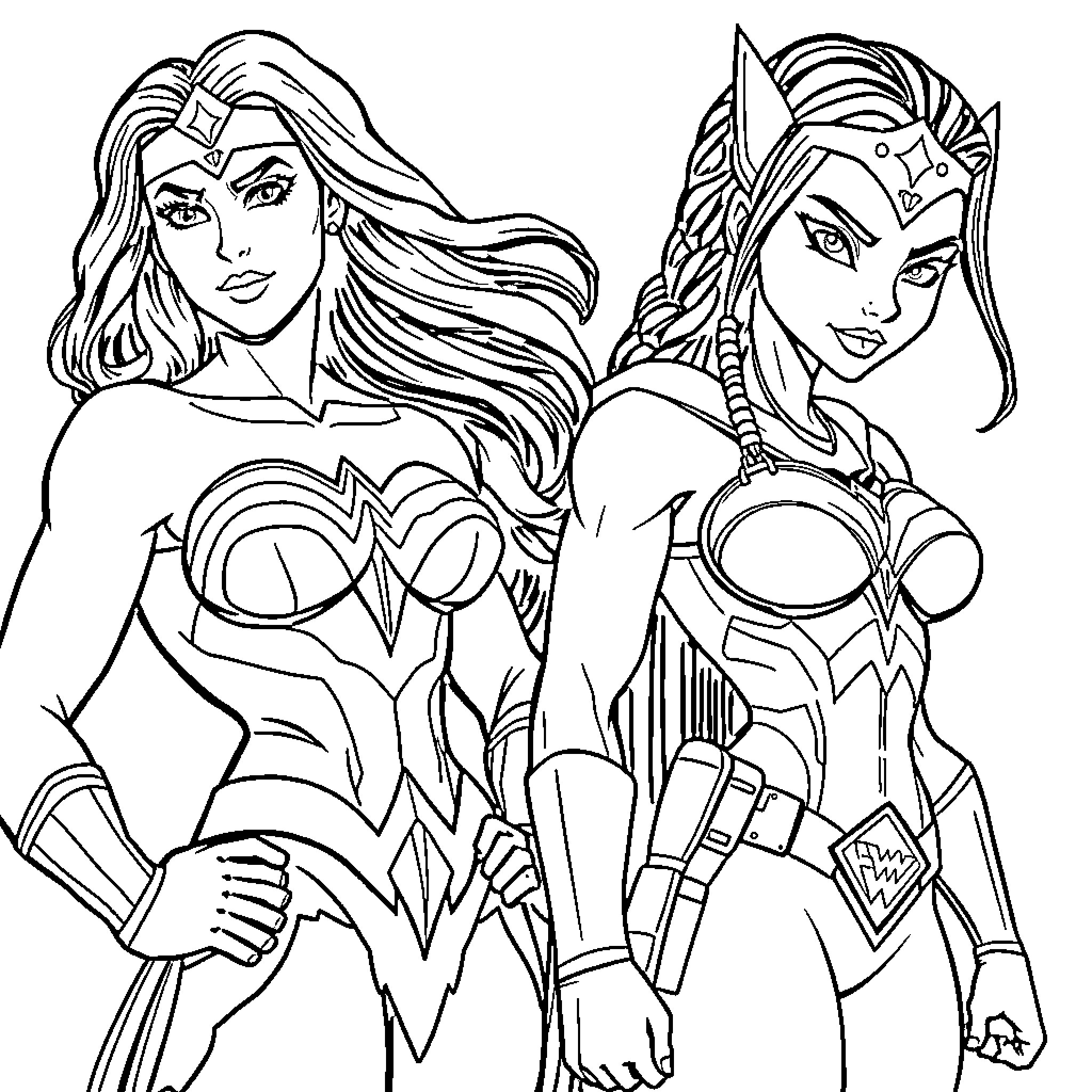 Wonder Woman and Cheetah facing each other in combat Coloring Page (free black-and-white line drawing printable PDF for all, from beginners to advanced learners, including children, teens, adults, and seniors)