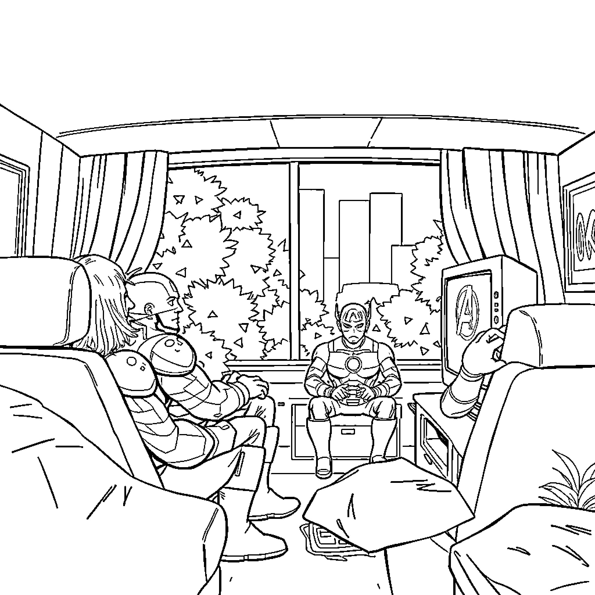 Avengers Assemble in Cozy Living Room Setting Coloring Page (free black-and-white line drawing printable PDF for all, from beginners to advanced learners, including children, teens, adults, and seniors)