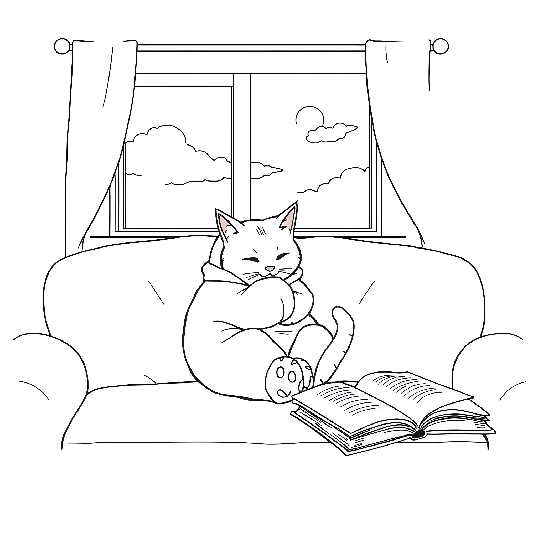 Cat reading a book on the couch Coloring Page (free black-and-white line drawing printable PDF for all, from beginners to advanced learners, including children, teens, adults, and seniors)