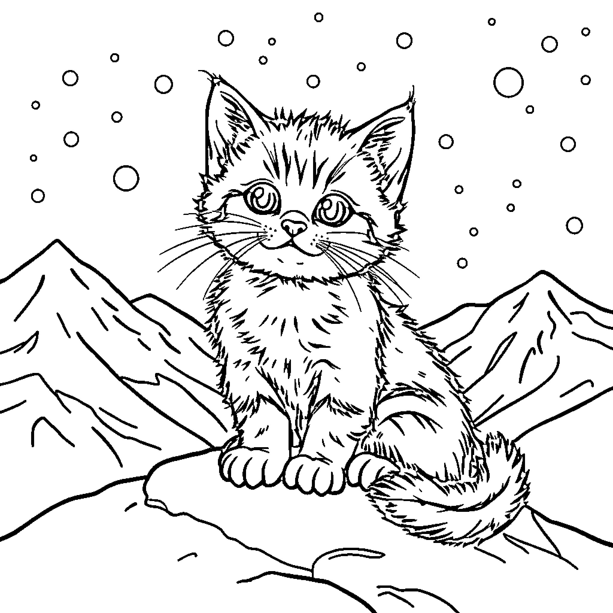 Kitten playing in the snowy mountains Coloring Page (free black-and-white line drawing printable PDF for all, from beginners to advanced learners, including children, teens, adults, and seniors)