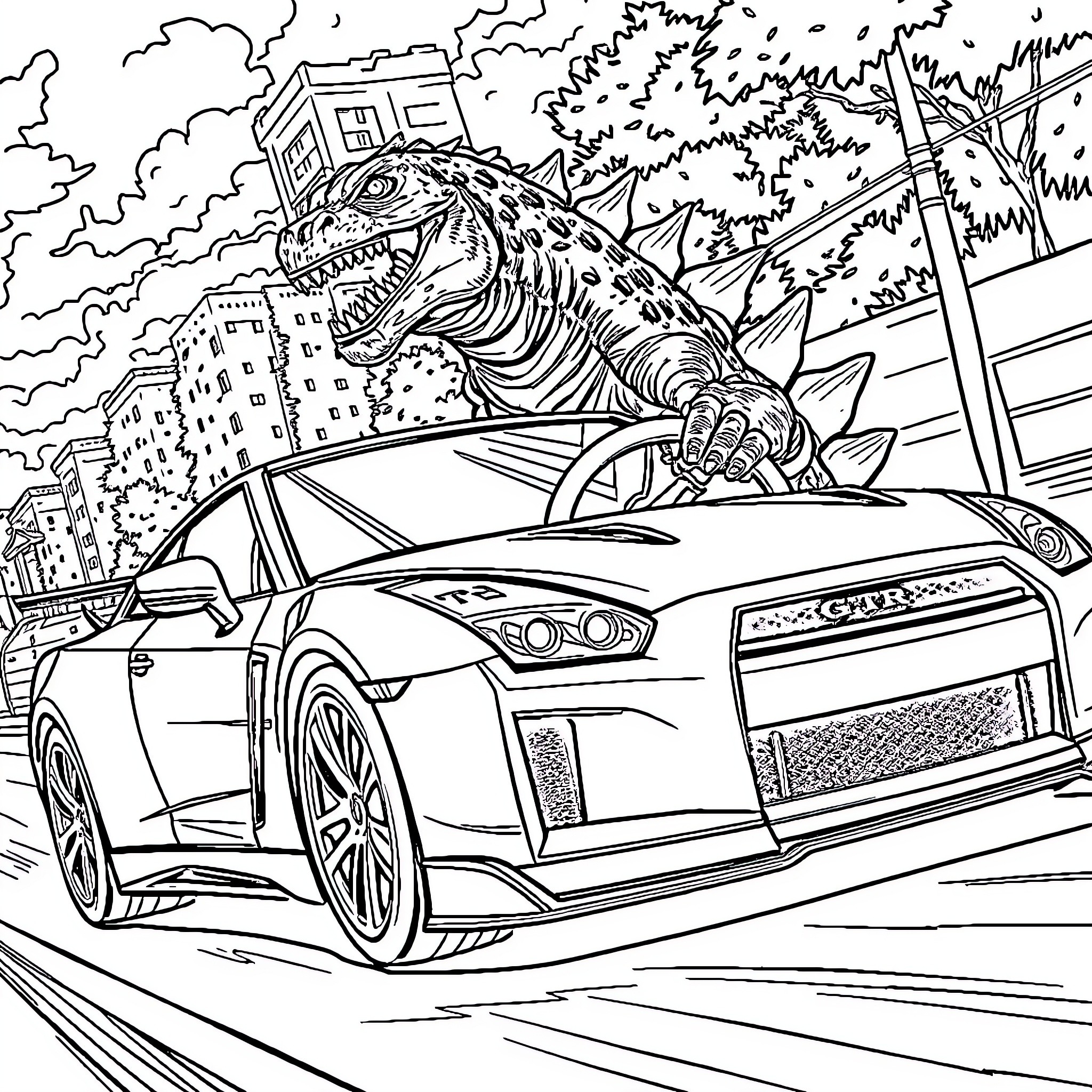Godzilla battles a high-performance sports car in the city Coloring Page (free black-and-white line drawing printable PDF for all, from beginners to advanced learners, including children, teens, adults, and seniors)