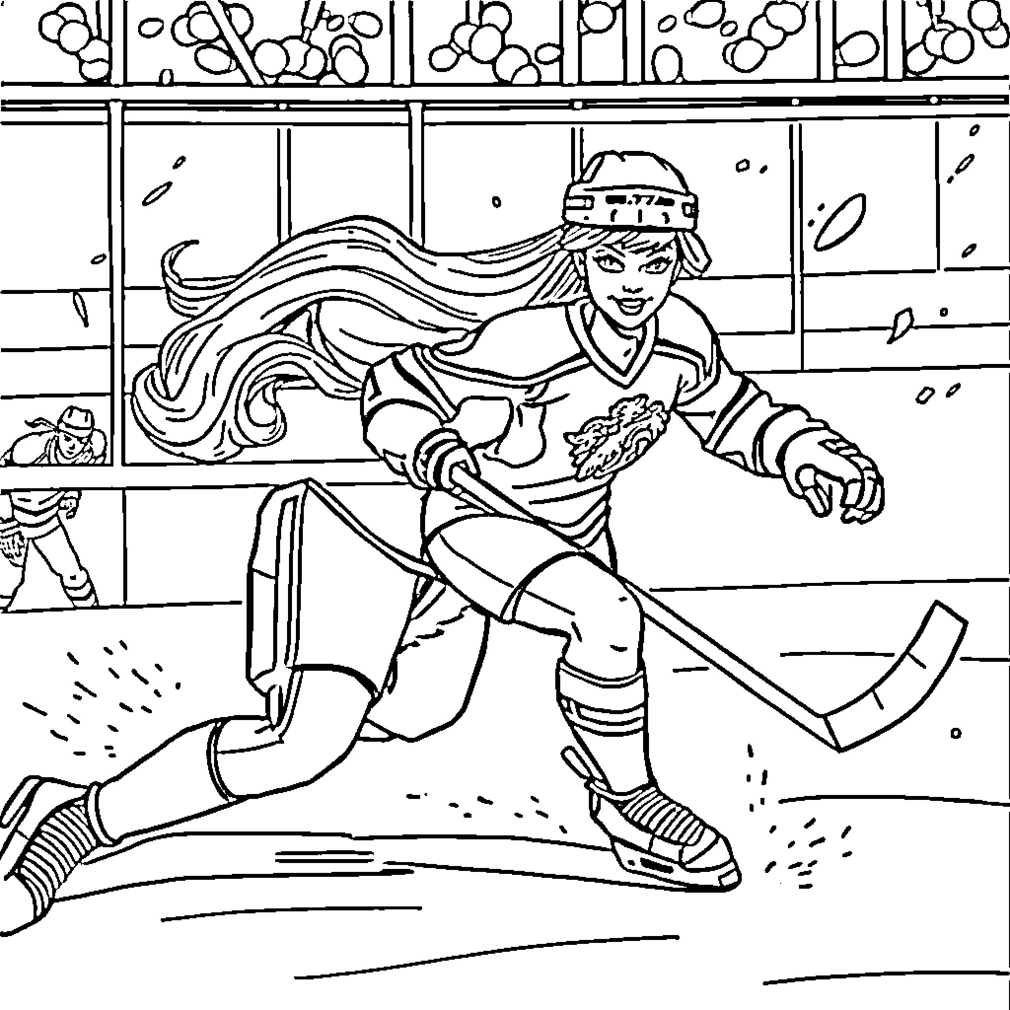 Barbie playing ice hockey on the rink Coloring Page (free black-and-white line drawing printable PDF for all, from beginners to advanced learners, including children, teens, adults, and seniors)