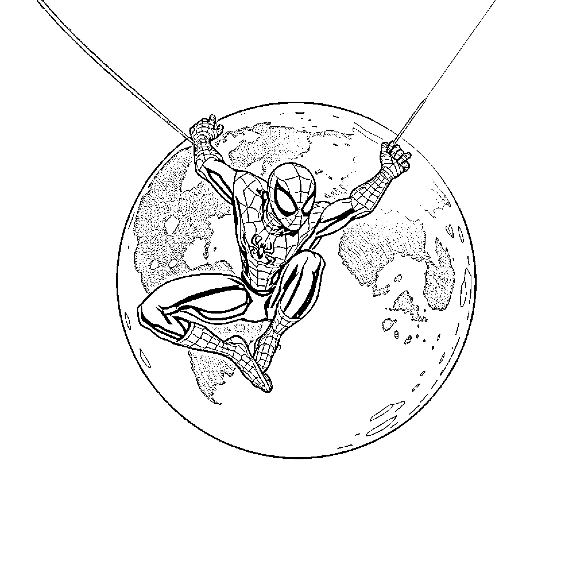Spiderman swinging through a globe-shaped world Coloring Page (free black-and-white line drawing printable PDF for all, from beginners to advanced learners, including children, teens, adults, and seniors)
