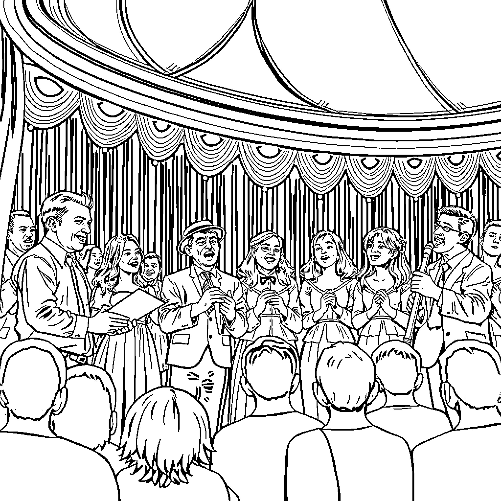 Mormon Tabernacle Choir performing on stage Coloring Page (free black-and-white line drawing printable PDF for all, from beginners to advanced learners, including children, teens, adults, and seniors)