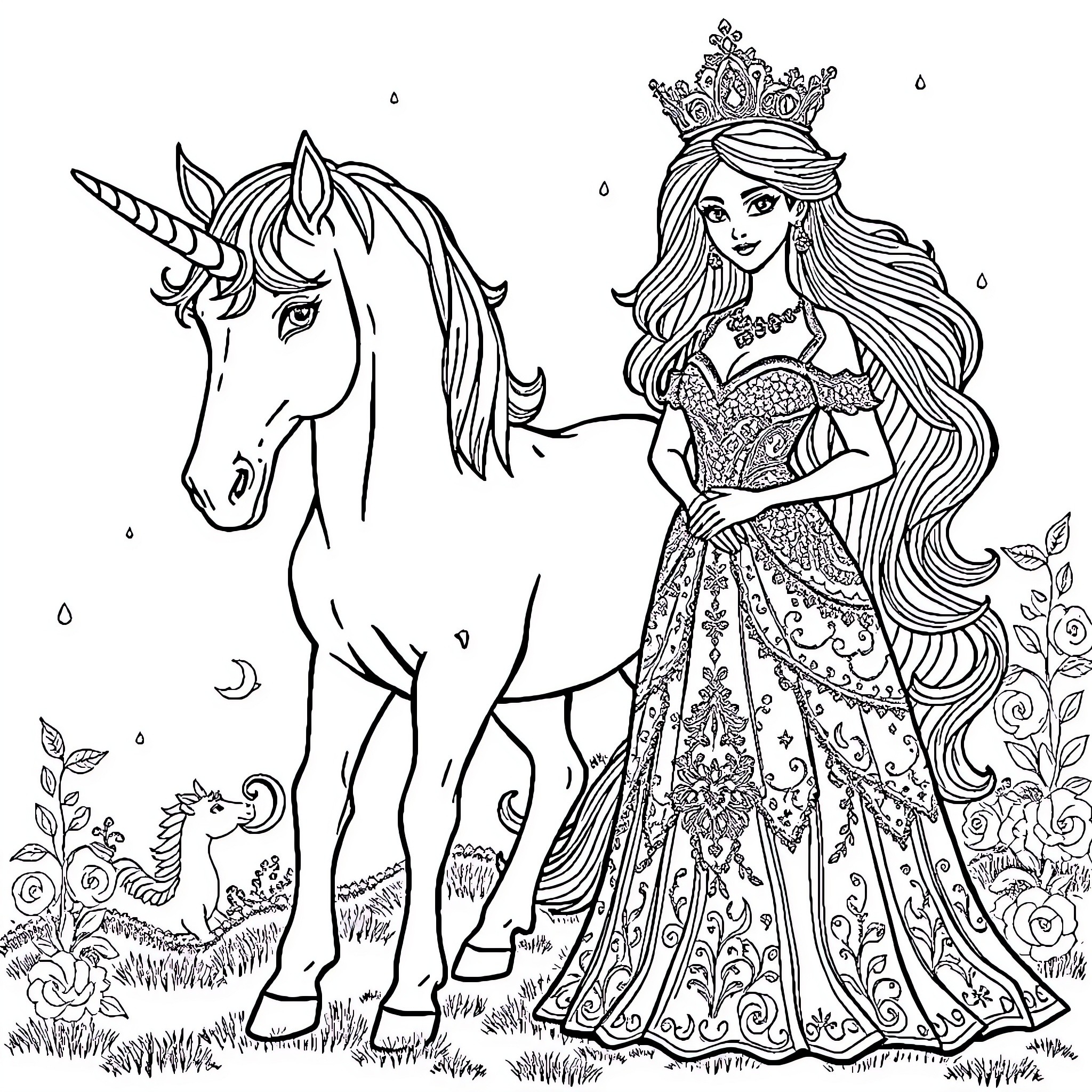 Unicorn and Elegant Princess in a Magical Landscape Coloring Page (free black-and-white line drawing printable PDF for all, from beginners to advanced learners, including children, teens, adults, and seniors)