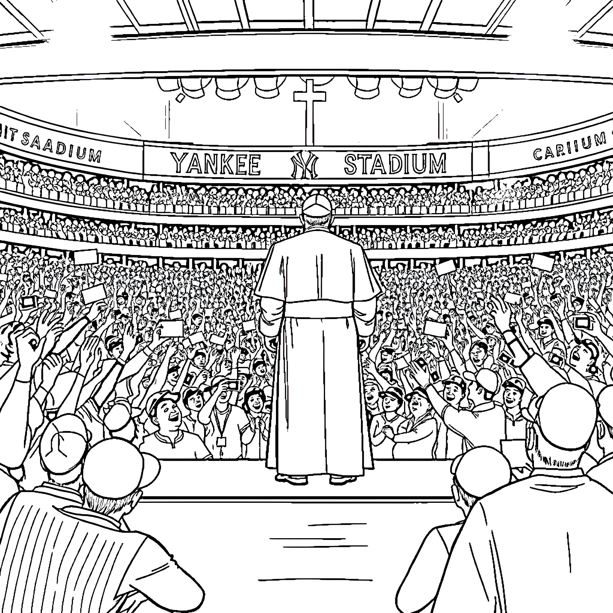 Pope addressing a large crowd at Yankee Stadium Coloring Page (free black-and-white line drawing printable PDF for all, from beginners to advanced learners, including children, teens, adults, and seniors)