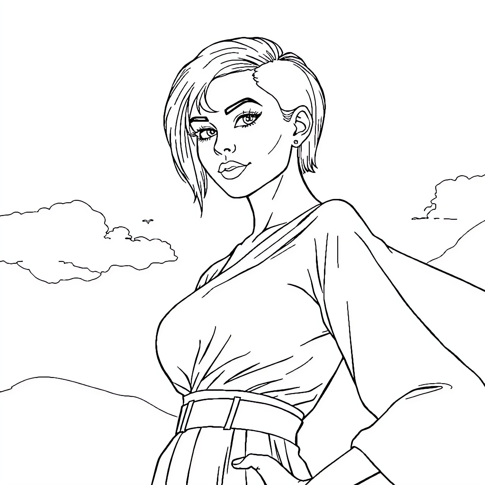 Woman in flowing dress against cloudy sky Coloring Page (free black-and-white line drawing printable PDF for all, from beginners to advanced learners, including children, teens, adults, and seniors)