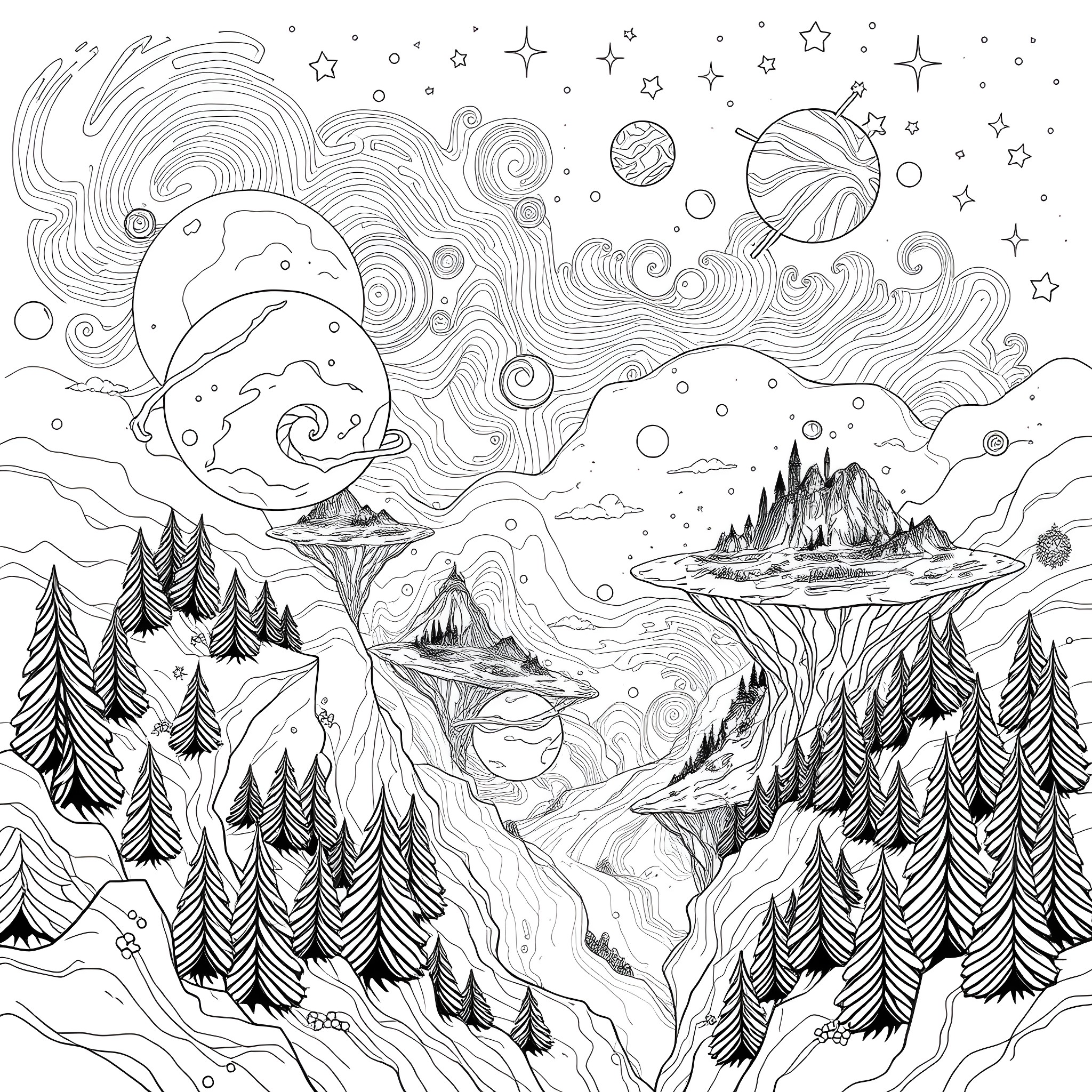 Galaxy Dreamscape with Floating Islands and Celestial Elements Coloring Page (free black-and-white line drawing printable PDF for all, from beginners to advanced learners, including children, teens, adults, and seniors)