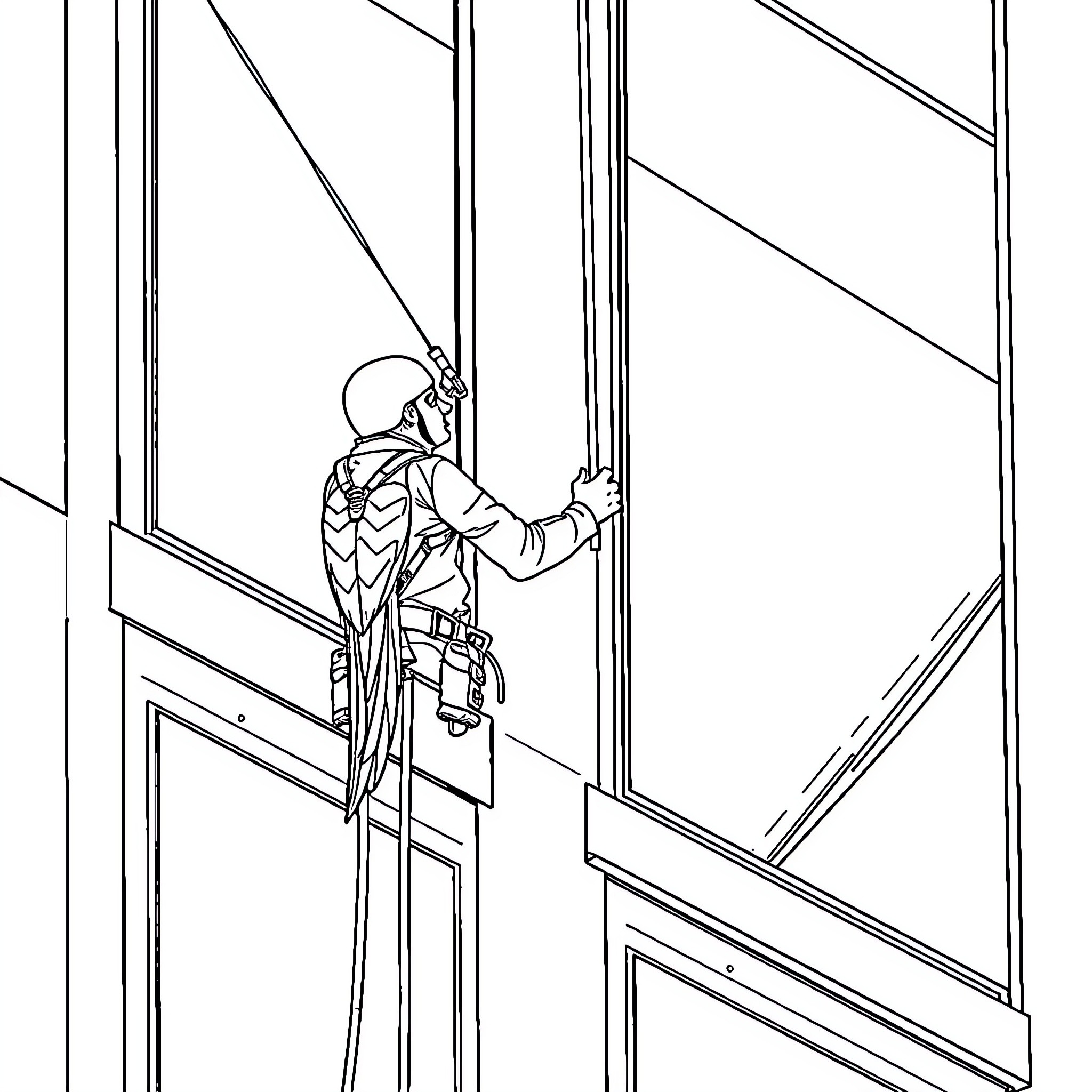 Technician inspecting office window installation Coloring Page (free black-and-white line drawing printable PDF for all, from beginners to advanced learners, including children, teens, adults, and seniors)