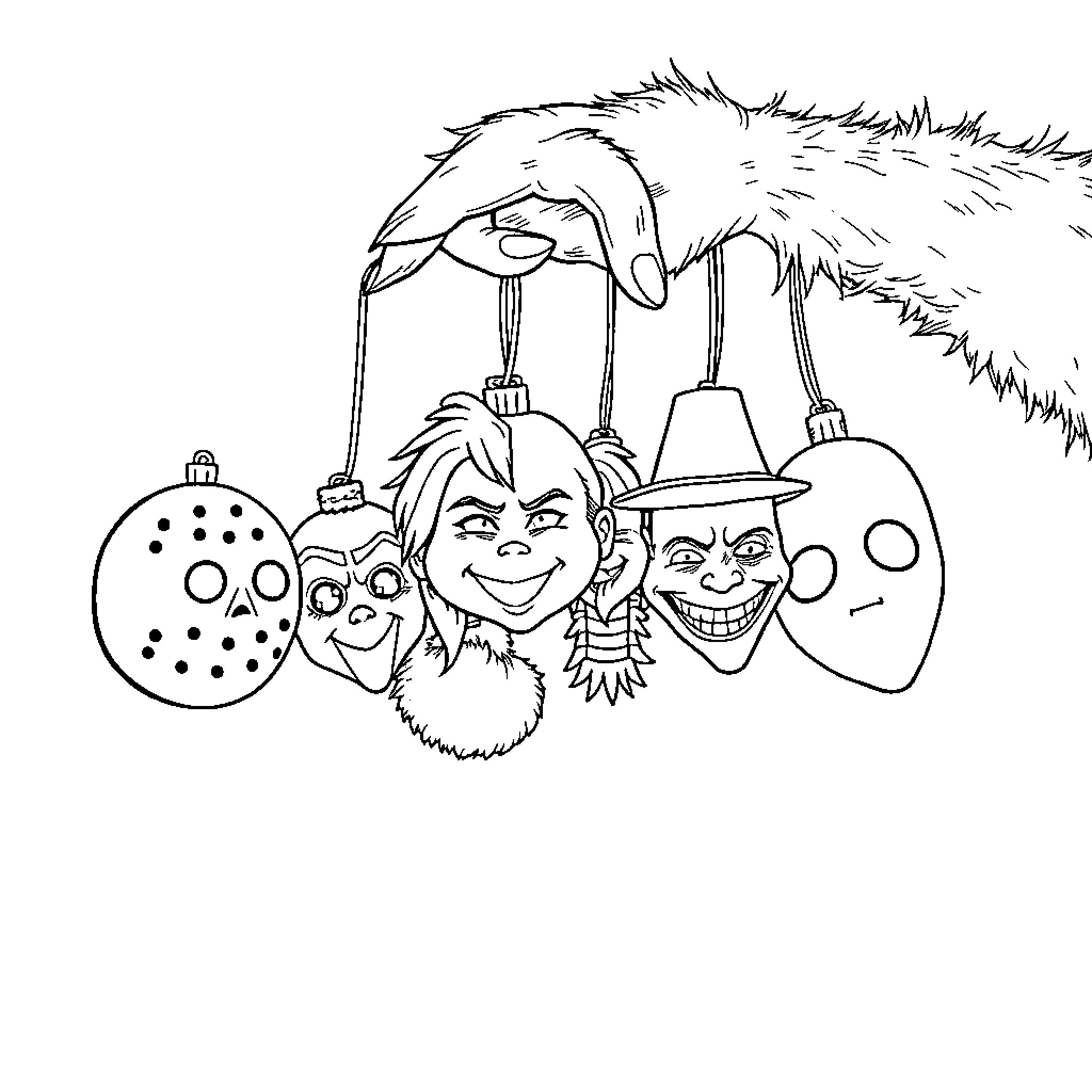 Grinch and friends celebrate the holidays Coloring Page (free black-and-white line drawing printable PDF for all, from beginners to advanced learners, including children, teens, adults, and seniors)