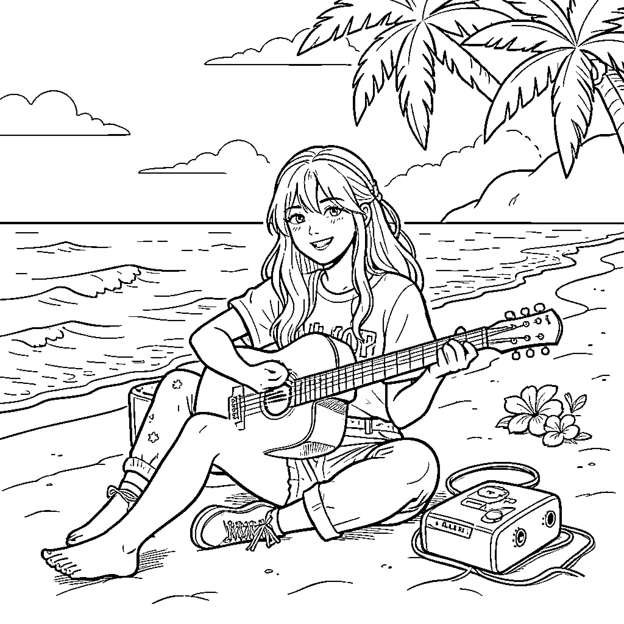 K Pop singer playing guitar on a tropical beach Coloring Page (free black-and-white line drawing printable PDF for all, from beginners to advanced learners, including children, teens, adults, and seniors)