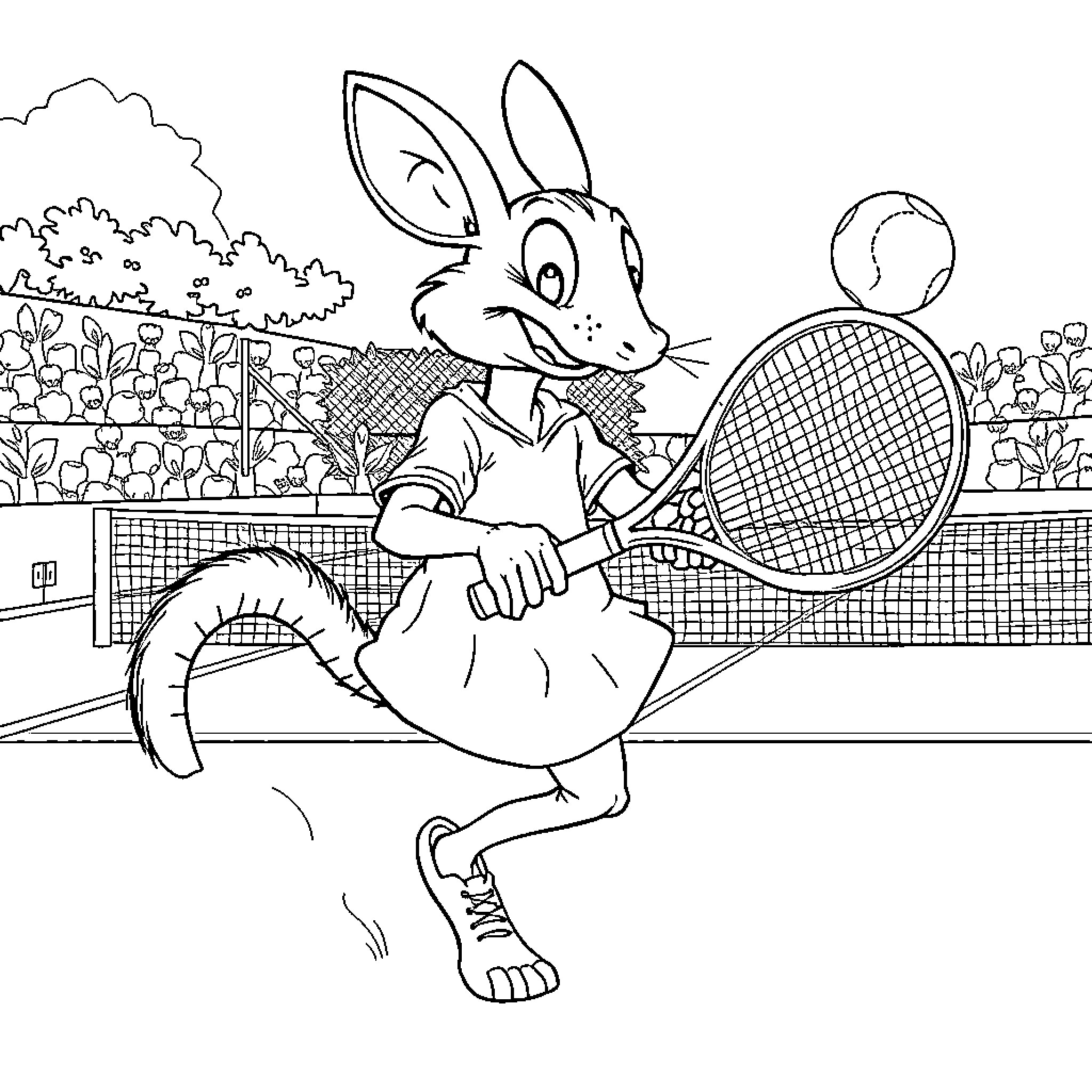 Frog playing tennis on the court Coloring Page (free black-and-white line drawing printable PDF for all, from beginners to advanced learners, including children, teens, adults, and seniors)