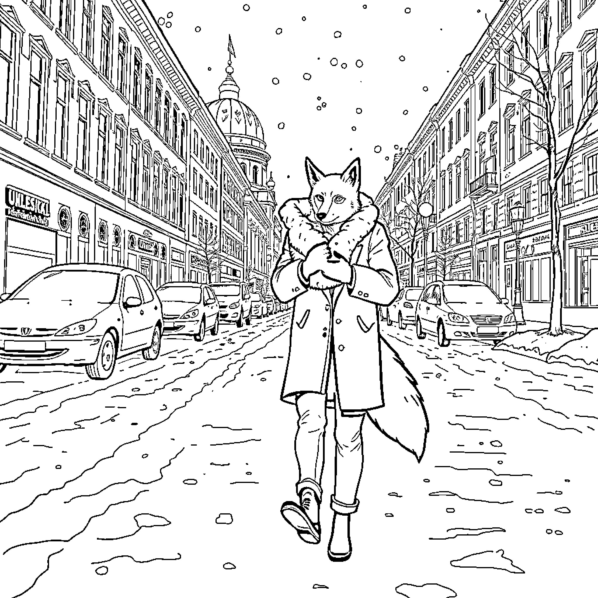 Fox Mulder exploring snowy city streets with a cat companion Coloring Page (free black-and-white line drawing printable PDF for all, from beginners to advanced learners, including children, teens, adults, and seniors)