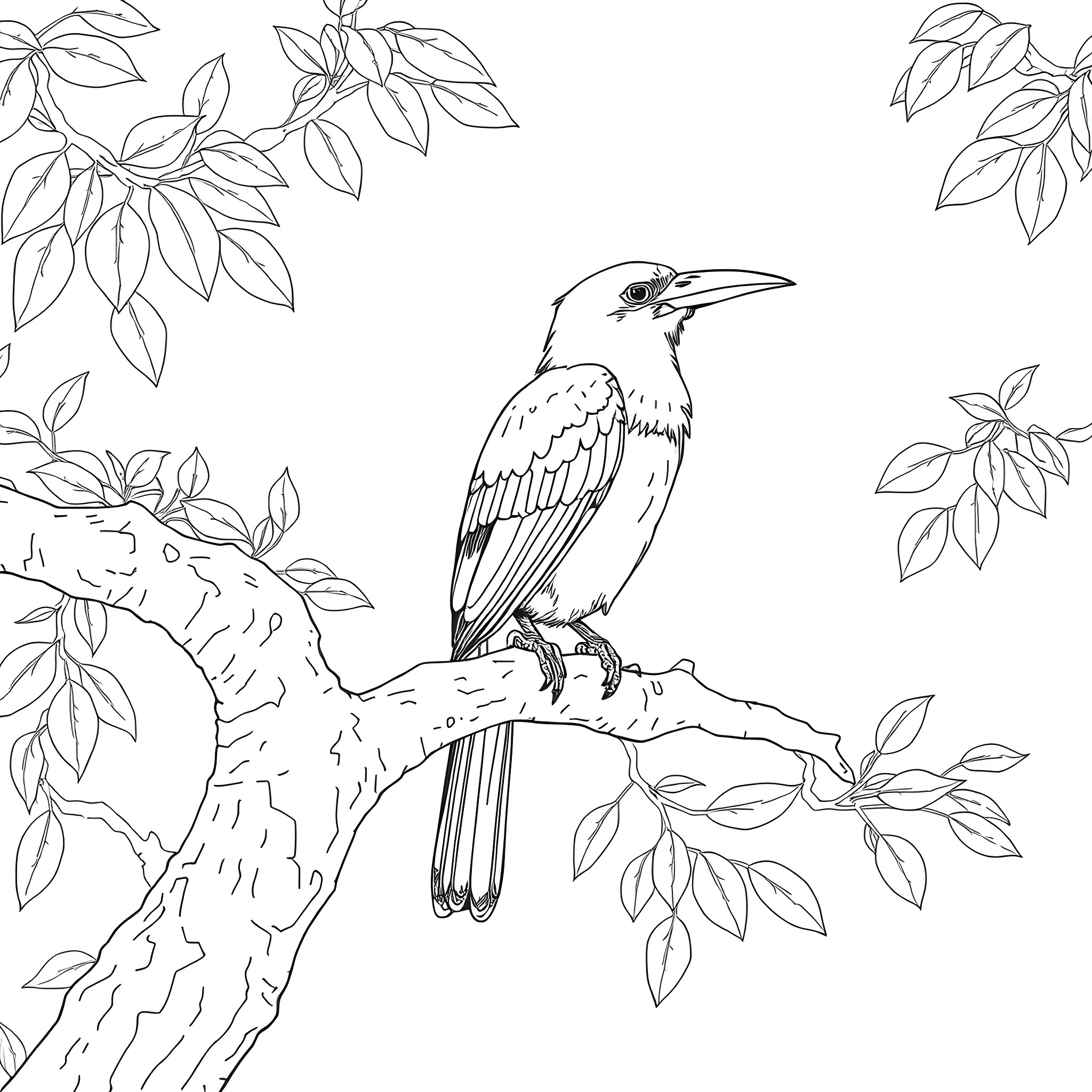 Cyanocorax Yncas perched on a tree branch Coloring Page (free black-and-white line drawing printable PDF for all, from beginners to advanced learners, including children, teens, adults, and seniors)