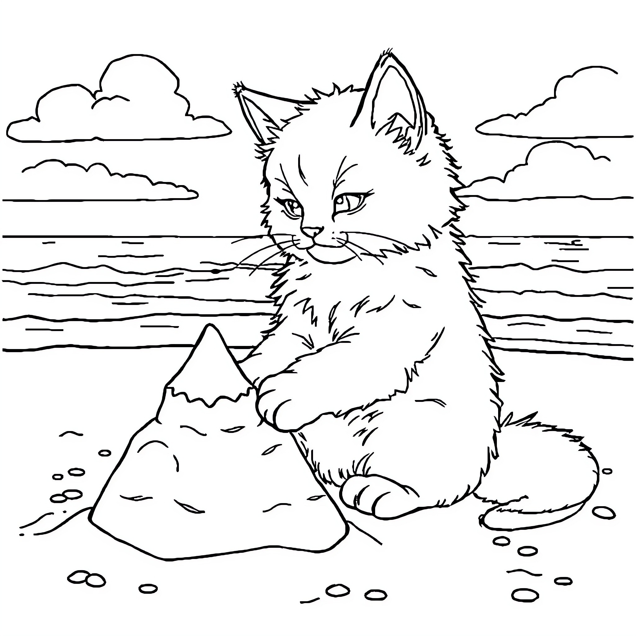 Cat sitting on the beach Coloring Page (free black-and-white line drawing printable PDF for all, from beginners to advanced learners, including children, teens, adults, and seniors)