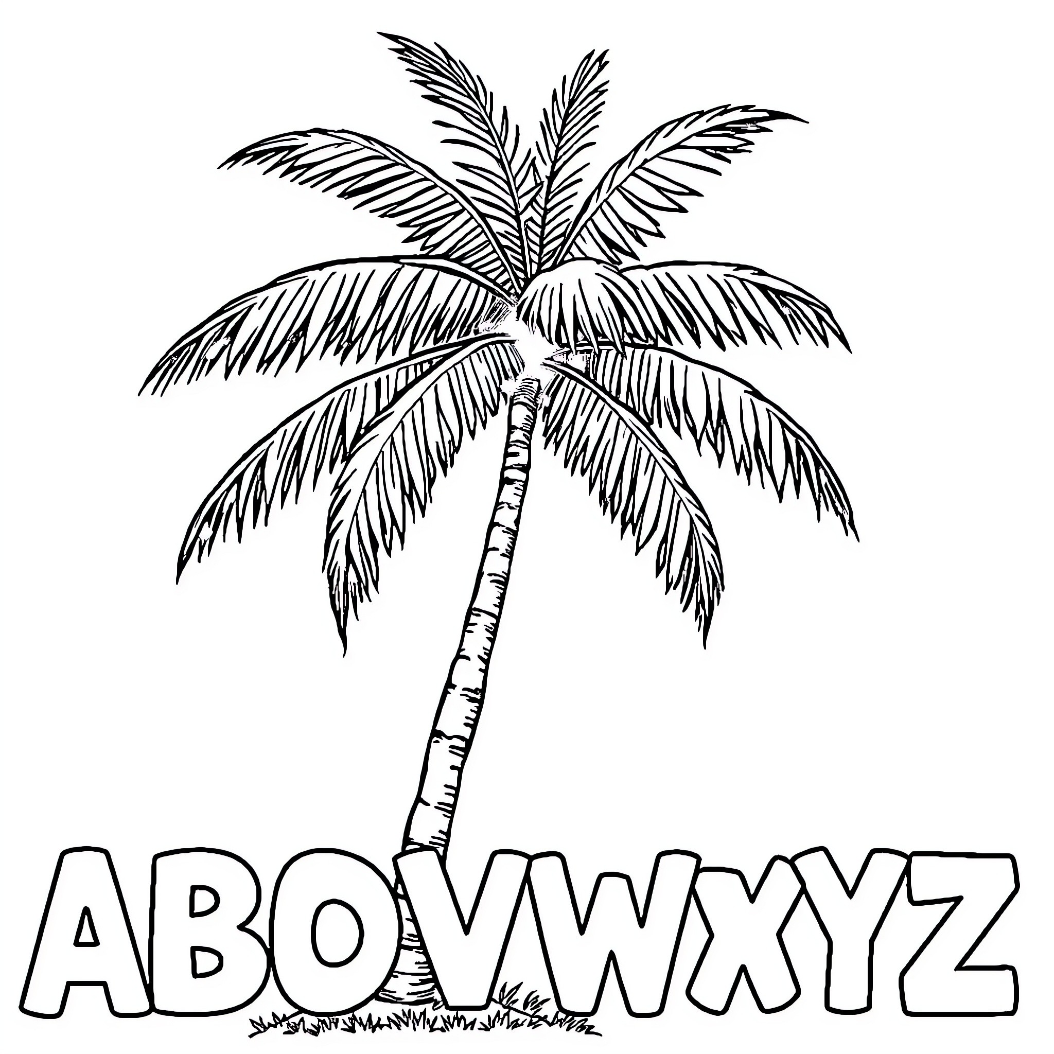 Palm Tree with Tropical Foliage and Alphabet Letters Coloring Page (free black-and-white line drawing printable PDF for all, from beginners to advanced learners, including children, teens, adults, and seniors)