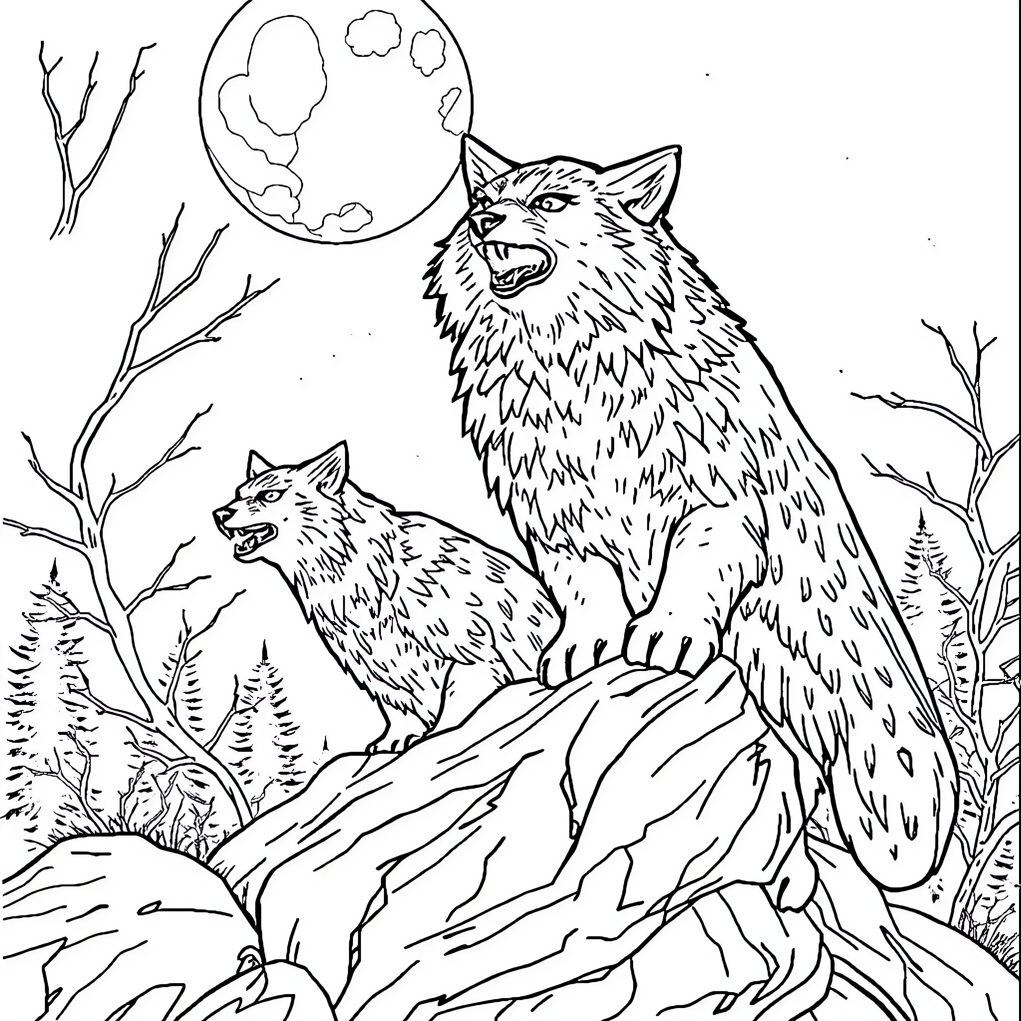 Wolf pack howling under the moon Coloring Page (free black-and-white line drawing printable PDF for all, from beginners to advanced learners, including children, teens, adults, and seniors)