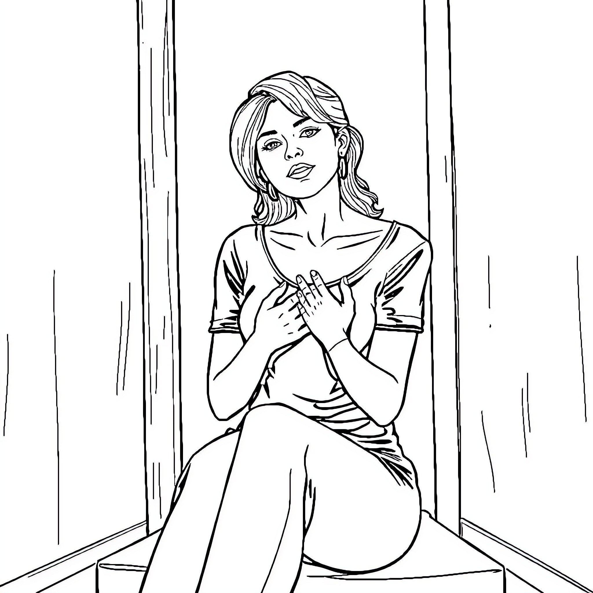 Woman sitting pensively by a window Coloring Page (free black-and-white line drawing printable PDF for all, from beginners to advanced learners, including children, teens, adults, and seniors)